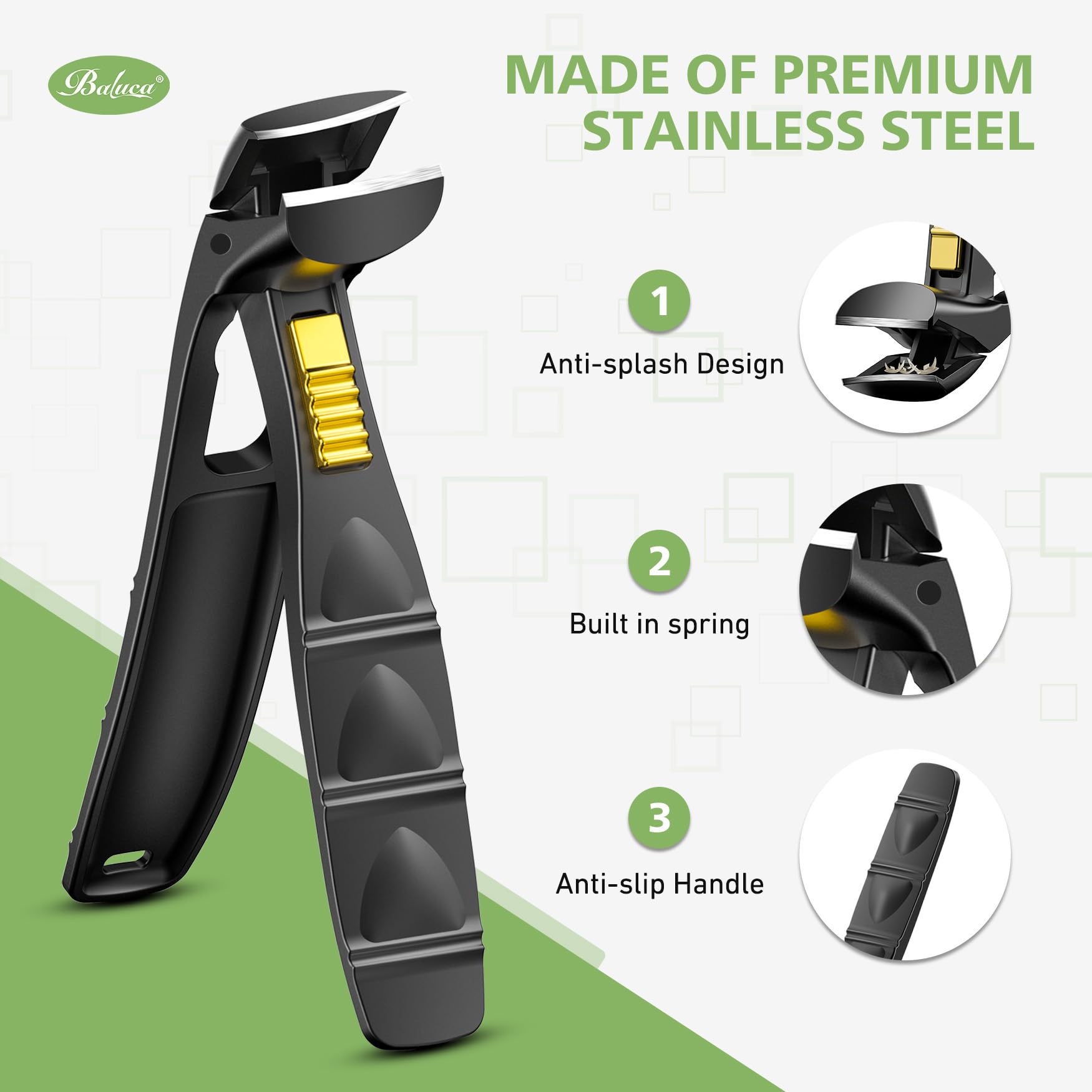 BALUCA Cortaúñas ergonómico para personas mayores, cortaúñas para uñas gruesas de los pies y las manos, cortaúñas de mango largo con recogedor (negro, mediano con diseño de bloqueo)