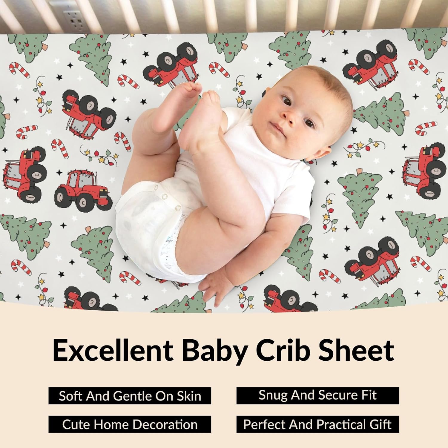 Red Tractor Christmas Trees Baby Crib Sheets Winter Farm Truck Pine Tree Candy Lights Baby Sheets Festive Holiday Fitted Crib Mattress Cover for Standard Crib and Toddler Mattresses 28x52in