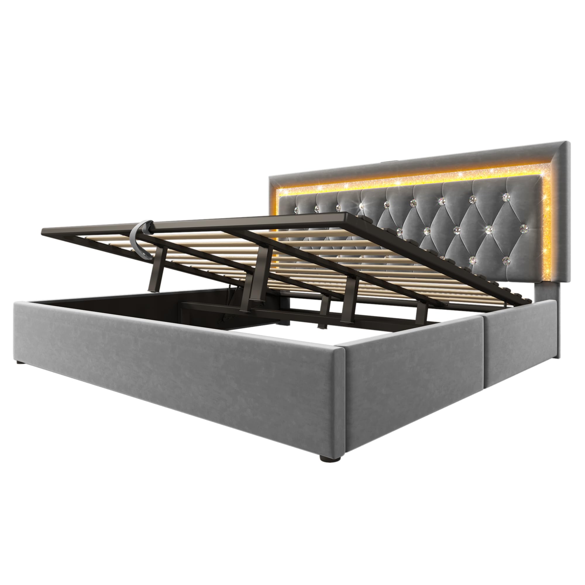 Łóżko tapicerowane 180 x 200 cm, aksamitne łóżko podwójne z paskami diamentowymi LED, stacja ładująca USB & Type-C, hydrauliczne łóżko do przechowywania, nowoczesne łóżko młodzieżowe ze