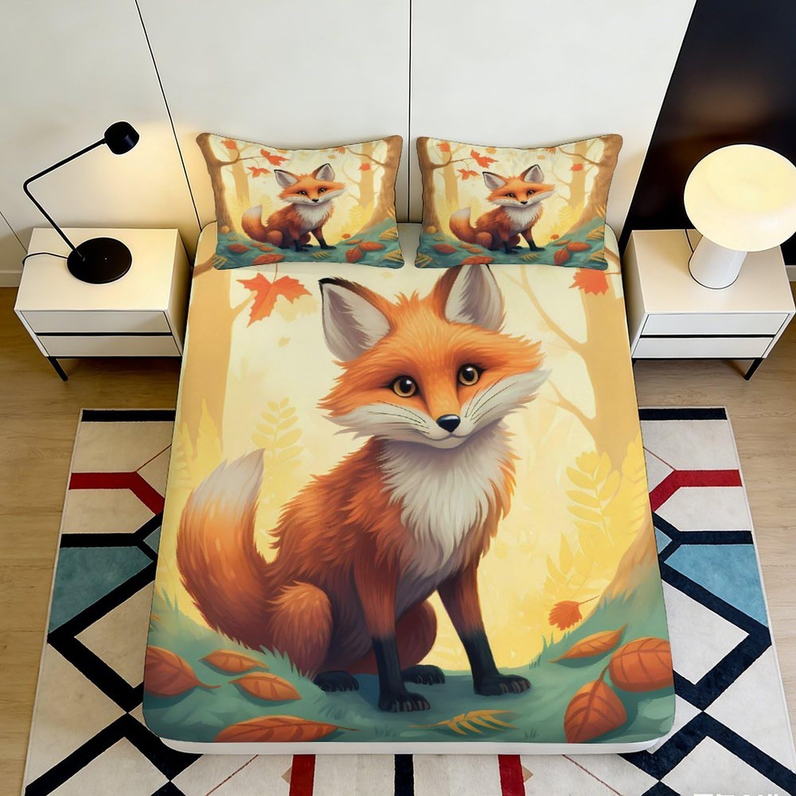 3D Printed Autumn Forest Fox Fitted Sheet Microfiber Soft Non-slip Bed Sheet for Bedroom Dorm Decor 90x200x25cm