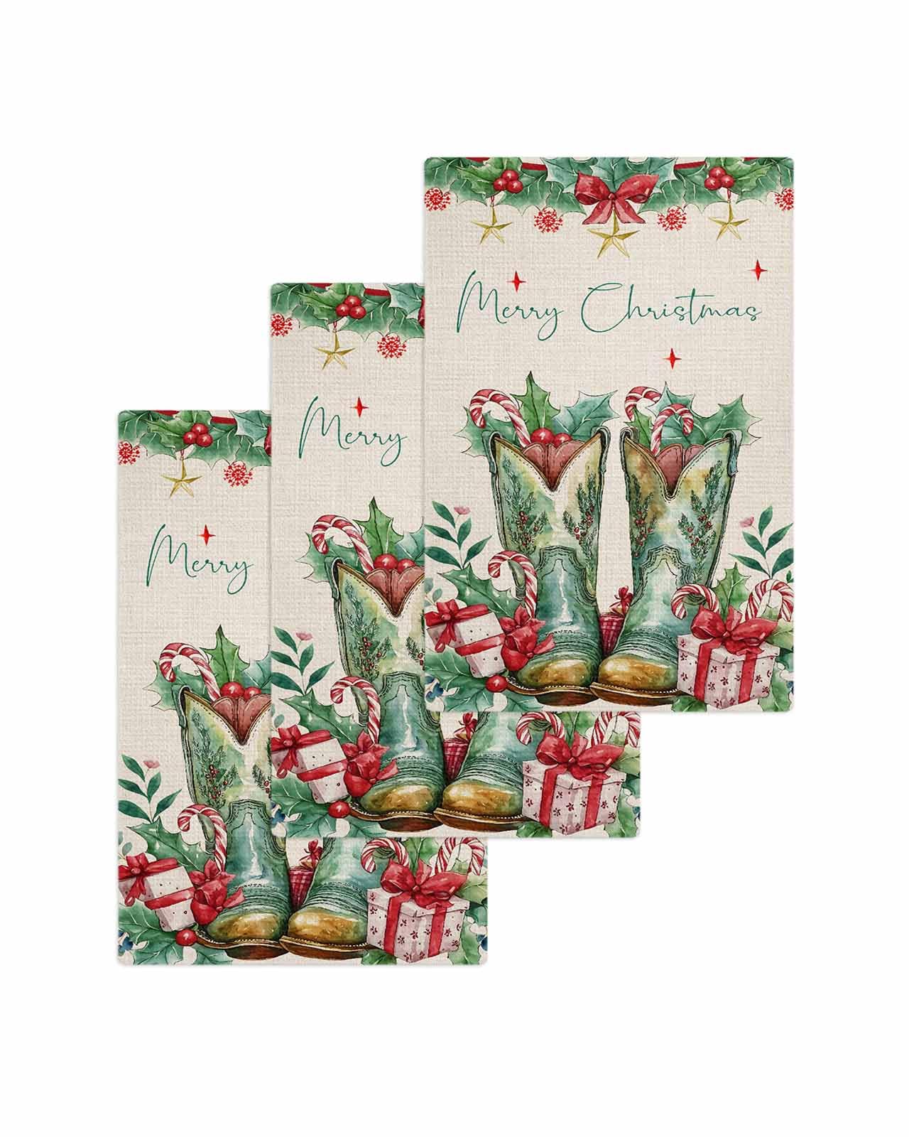 Hokiten Cowboy Christmas Waffle Kitchen Towels Dishcloths, Berry Xmas Botanical Green Rustic Absorbent Dish Towels | Hand Towels for Bathroom/Bar, 16 x 24 Inch, 3 Pcs