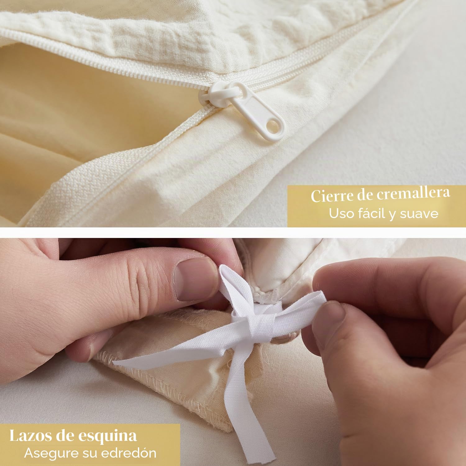 Simple&Opulence Juego de Funda Nórdica de Muselina, 100% Algodón Ultra Suave y Ligera Funda Nórdica Seersucker con Fundas de Almohada(Beige,135×200cm)