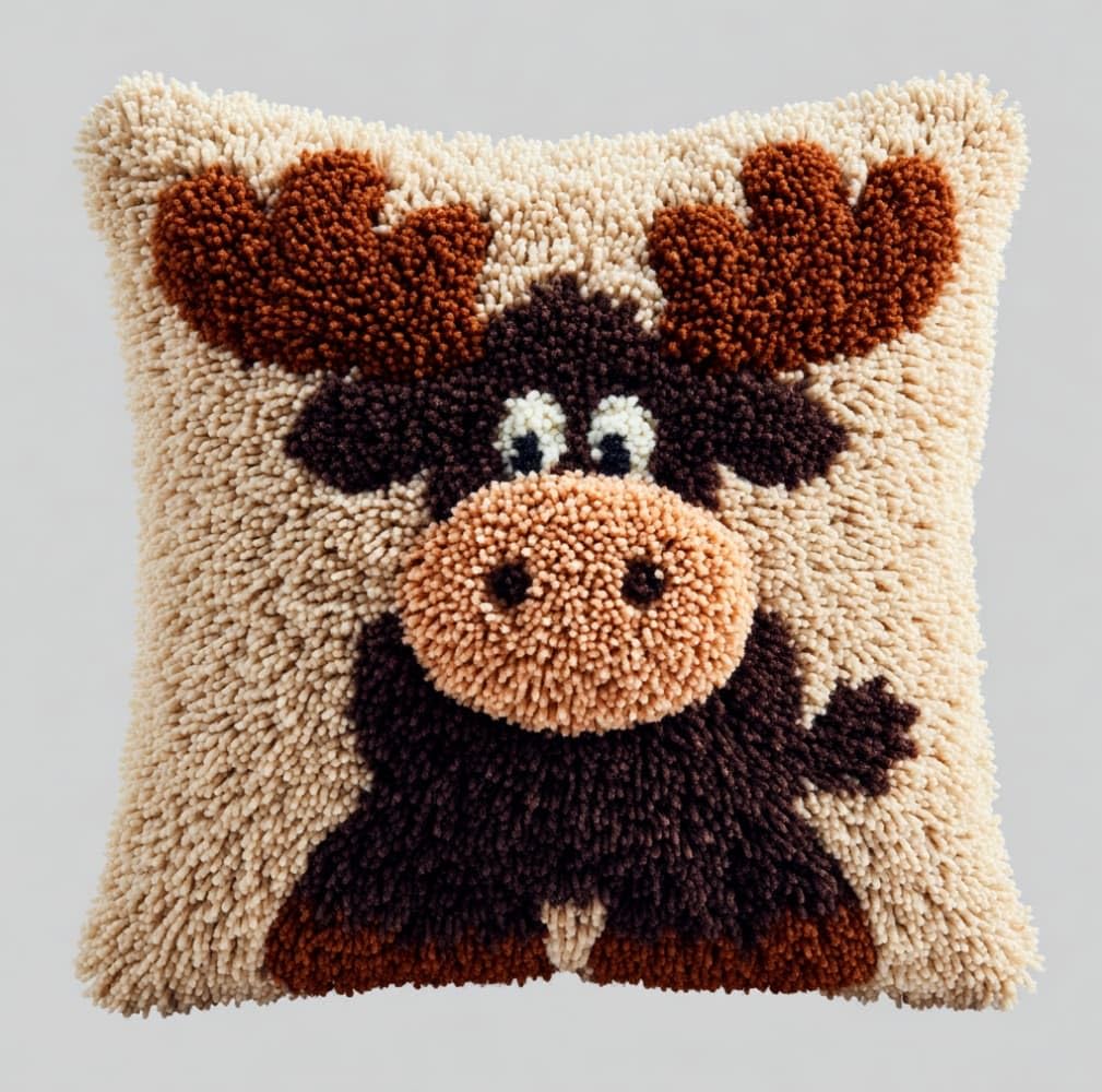 AxiangziK Latch Hook Pillow Kits with Yarn,Cartoon Moose Complete DIY Cushion Making Craft Kits,43x43cm Latch Hook Adult Craft Kits for Women
