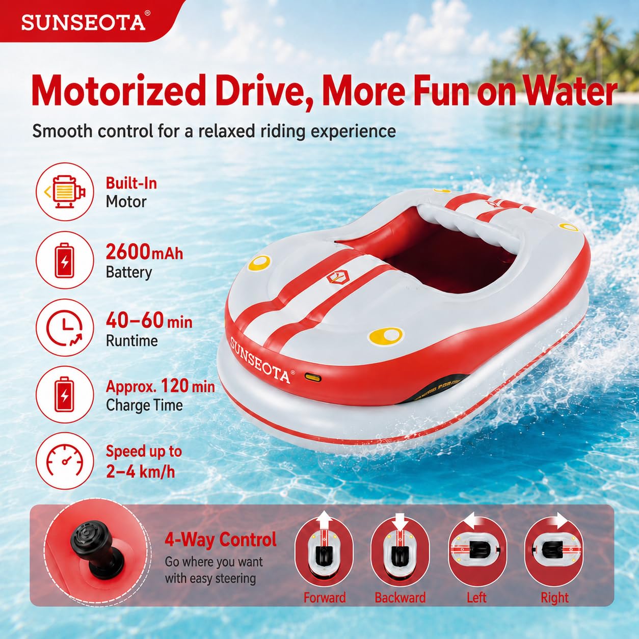 Lettino Galleggiante Motorizzato per Piscina, Poltrona Gonfiabile Elettrica con Joystick Multidirezionale, Batteria Ricaricabile da 2600 mAh e Pompa ad Aria Inclusa Red-1battery