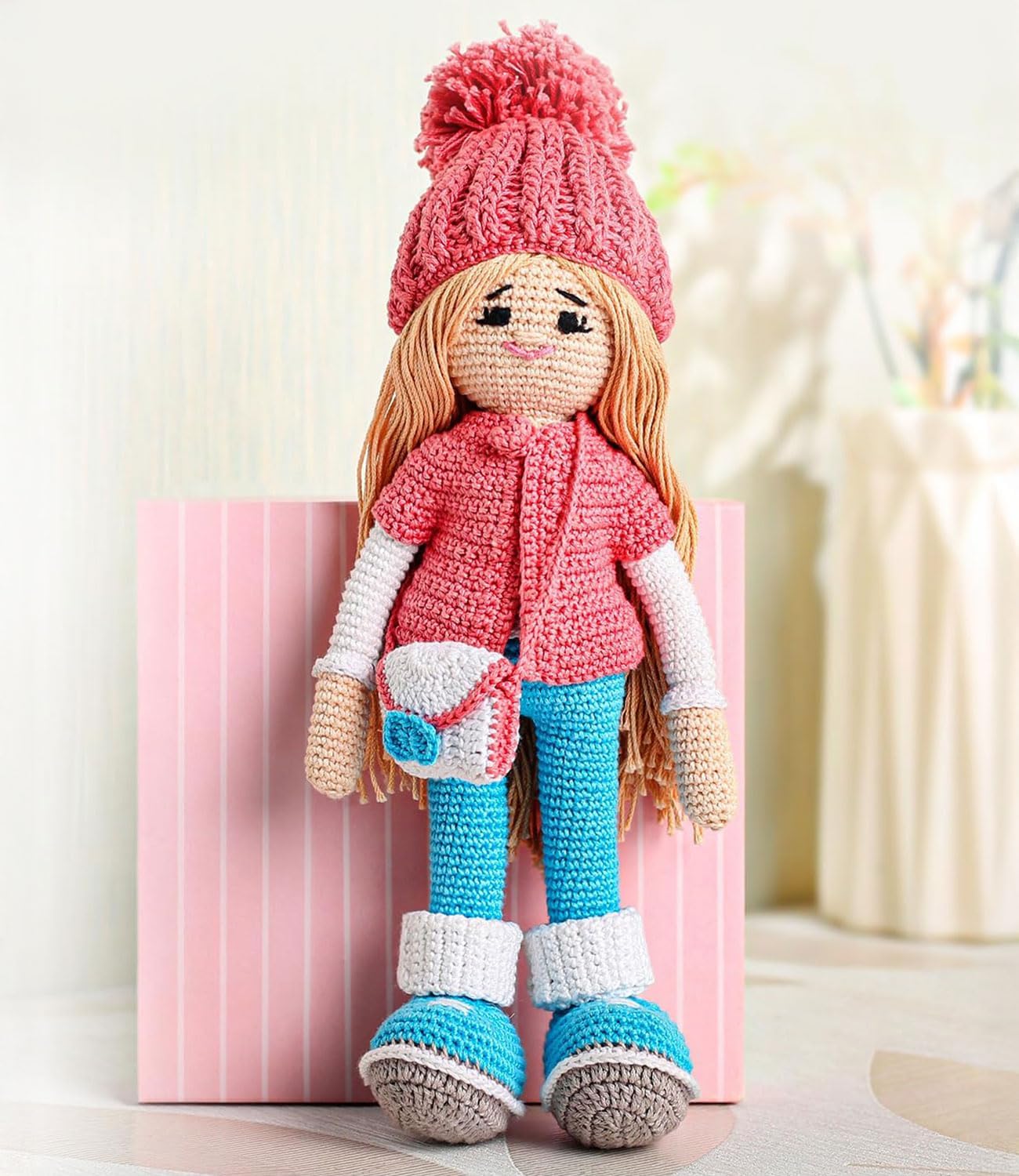 Bonfino Premium Miss Bella Crochet Doll | Cute Knitted Cotton Doll for Babies | Soft Toy Doll with Purse for Boys & Girls | Best Birthday Gift for Kids | Height 27 cm | Pink & Blue