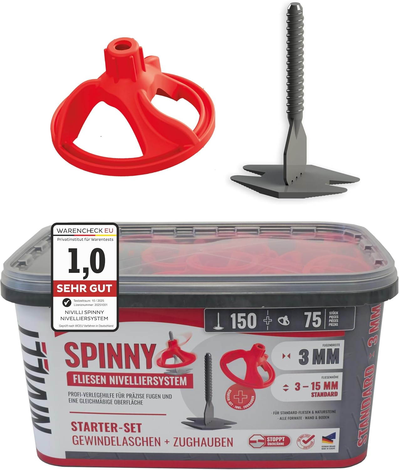 SPINNY PRO Starter Set 3 mm 150 Tabs + 75 Pull Hoods Professional Levelling System Tiles & Natural Stone Laying Aid Pull Hood + Thread Tabs Starter Set 3 mm Material Thickness 3-15 mm