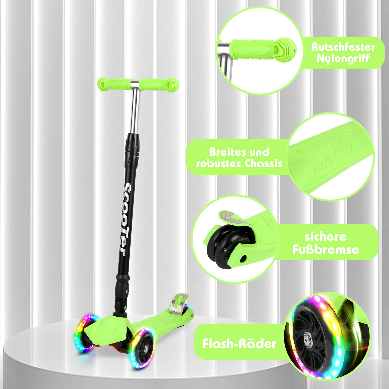 Sonnewelt Monopattino pieghevole per bambini, con 3 ruote a LED e manubrio regolabile in altezza, freni posteriori, fino a 50 kg, per scooter bambini dai 3 ai 14 anni