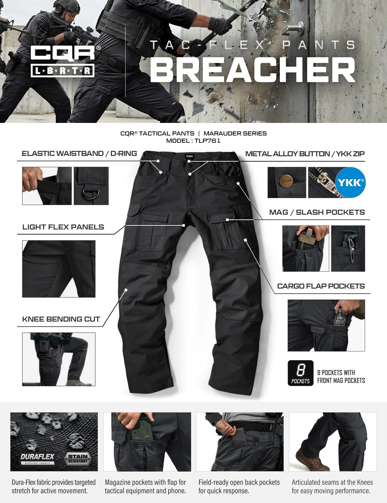 CQR Men's Flex Ripstop Tactical Pants, Water Resistant Stretch Cargo Pants, Lightweight EDC Hiking Work Pants — view 8