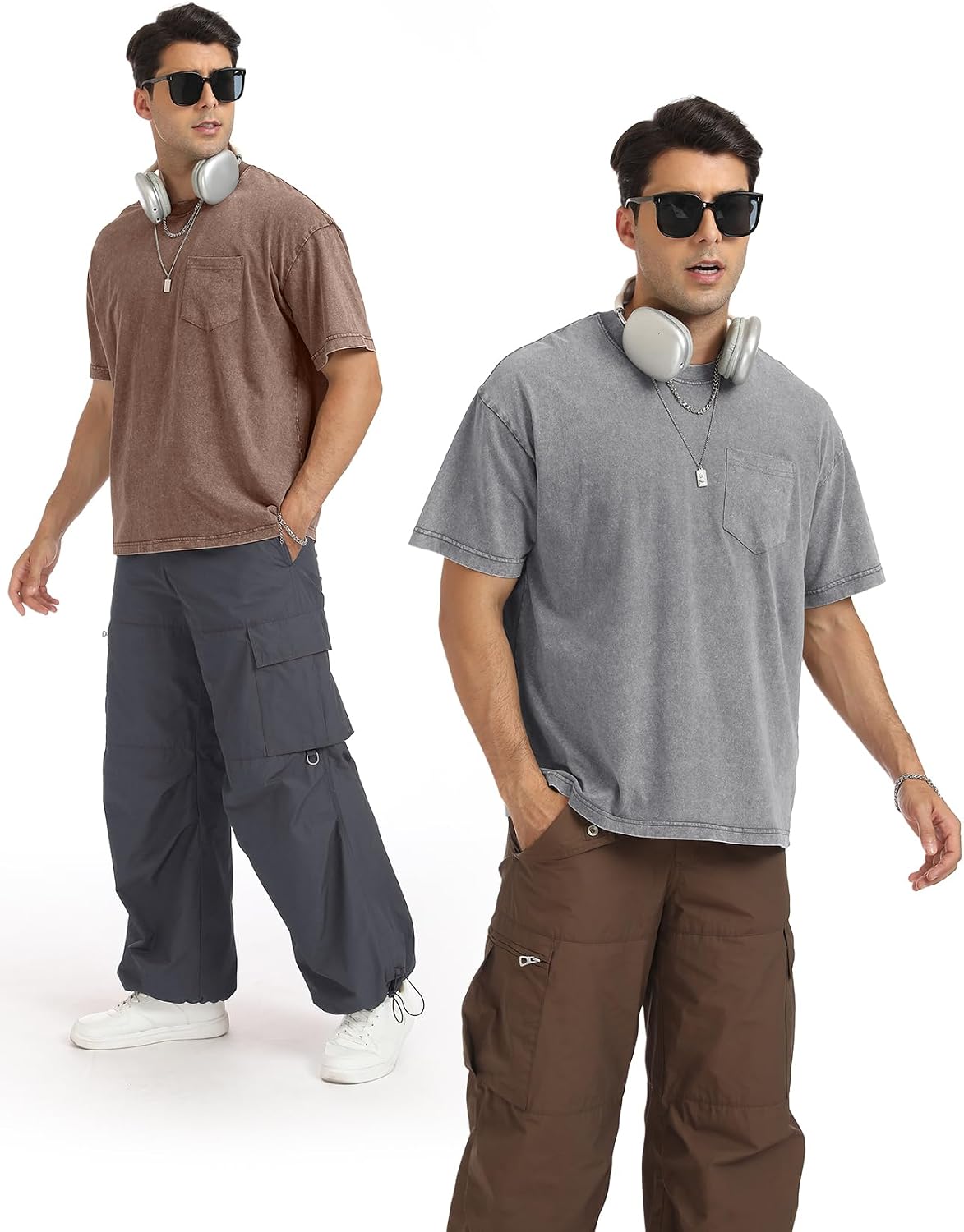 Arssm Men Oversized T-Shirts Pocket Short Sleeve Acid Washed Heavy Cotton Vintage Tops Loose Fit Casual Basic Unisex Tee