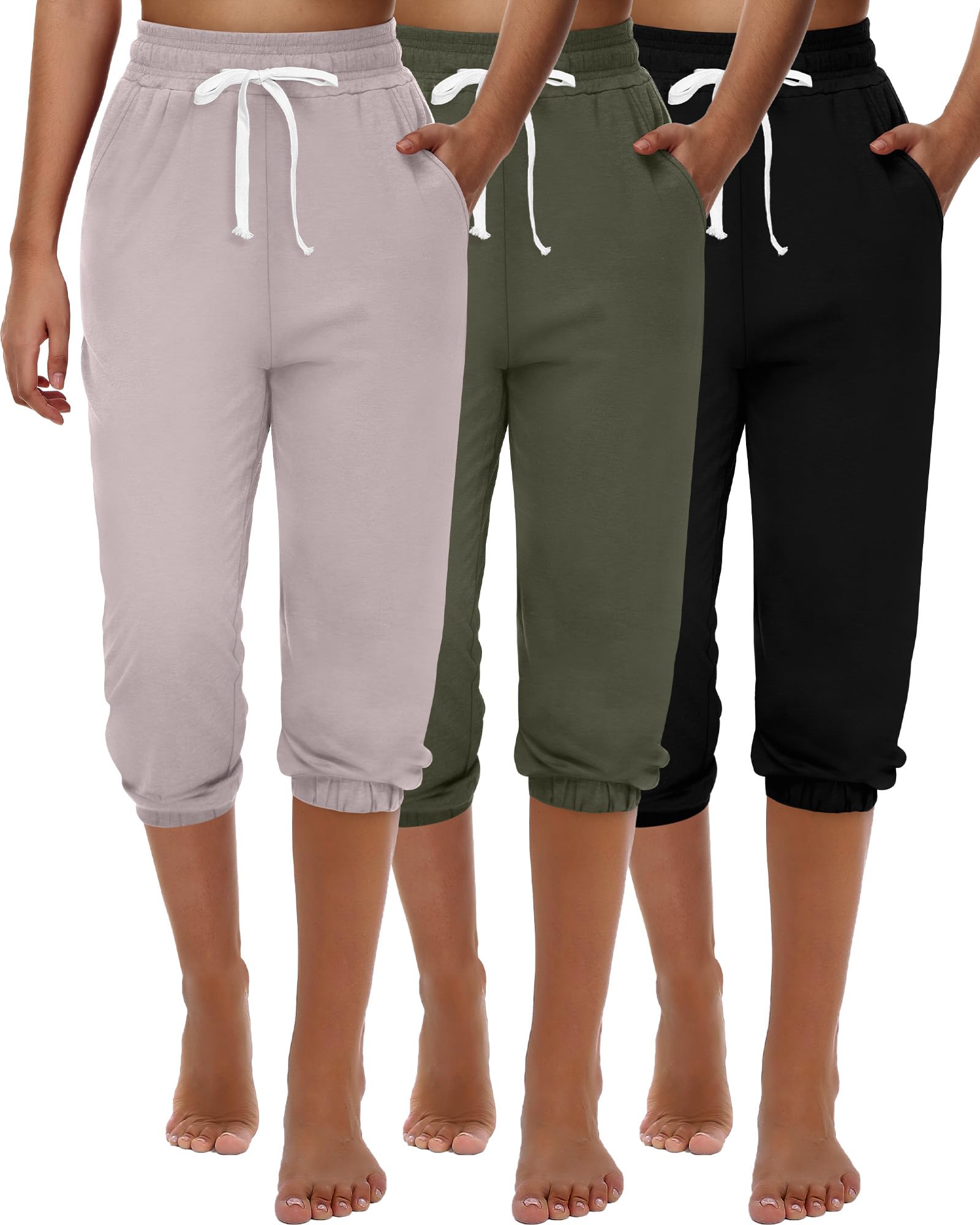 Ficerd 3 Pezzi Pantaloni della Tuta Capri da Donna Pantaloni da Jogging Estivi Casual Sportivi Cropped Pantaloni da Salotto a Vita Alta Sportivi con Tasche