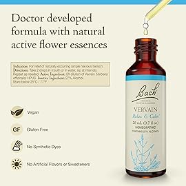 Bach Original Flower Remedies, Vervain - Relax & Calm - Natural Homeopathic Flower Essence for Emotional Balance - Vegan, Gluten Free, Sugar Free - 20mL Dropper