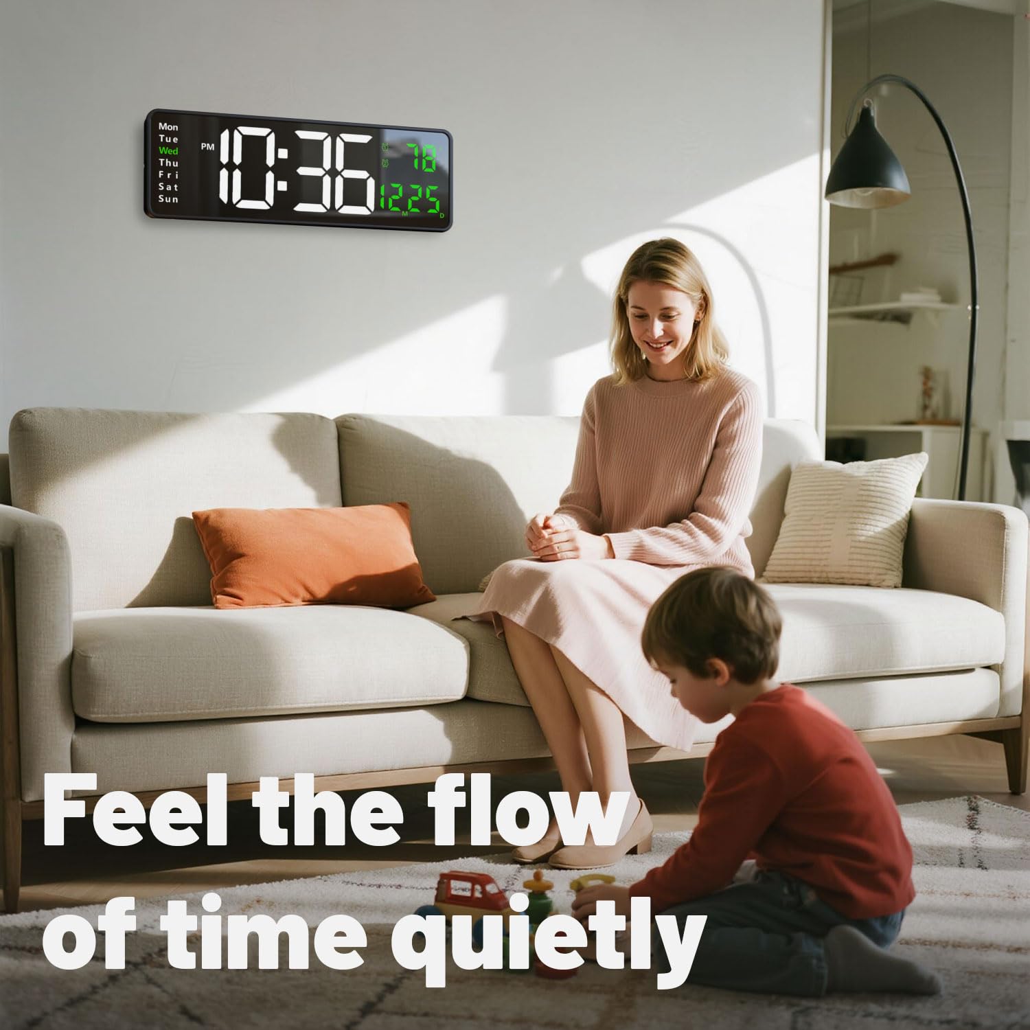 Orologio da parete digitale con luminosità automatica, grande display a LED, orologio silenzioso per soggiorno, camera da letto, cucina, orologio da parete silenzioso con temperatura data, orologio