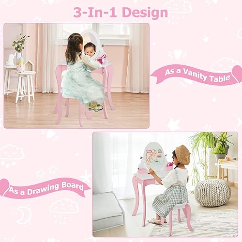 Miniatura 3 de INFANS Tocador para niños con espejo giratorio de 360° y tablero de dibujo, tocador de maquillaje de princesa 2 en 1 y taburete con accesorios,