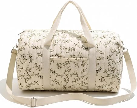Quilted Duffle Bag, Floral Pattern Quilted Weekender Bag with Handle and Strap, Cute Duffle Tote with Pocket and Zipper for Women Travel Hospital, Diaper, Gym 18.9x11