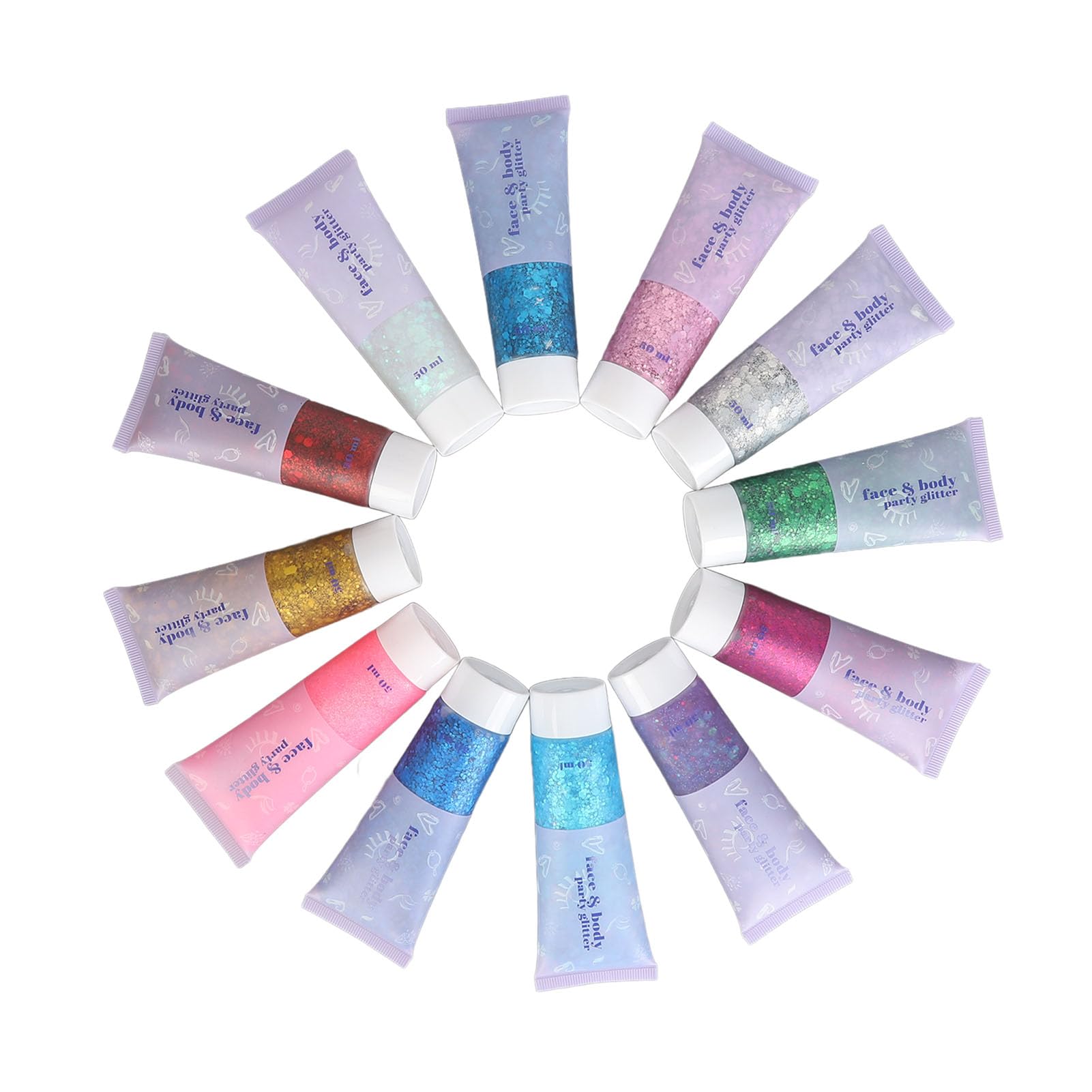Gel Glitter Corpo 12 Colori Olografici 50ml Lavabili | Glitter Adesivi per il Viso, Nail Art per Capelli, Trucco Festival, Lavabili con Acqua e Sapone, Sicuri per la Pelle, 12