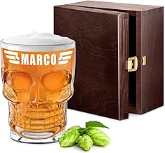 Maverton Personalised Skull Shaped Beer Tankard in Glass – Height 13 cm – Capacity 500 ml – Men's Birthday Gift – Dedication with Laser Engraving – Original Men's Gifts for Him