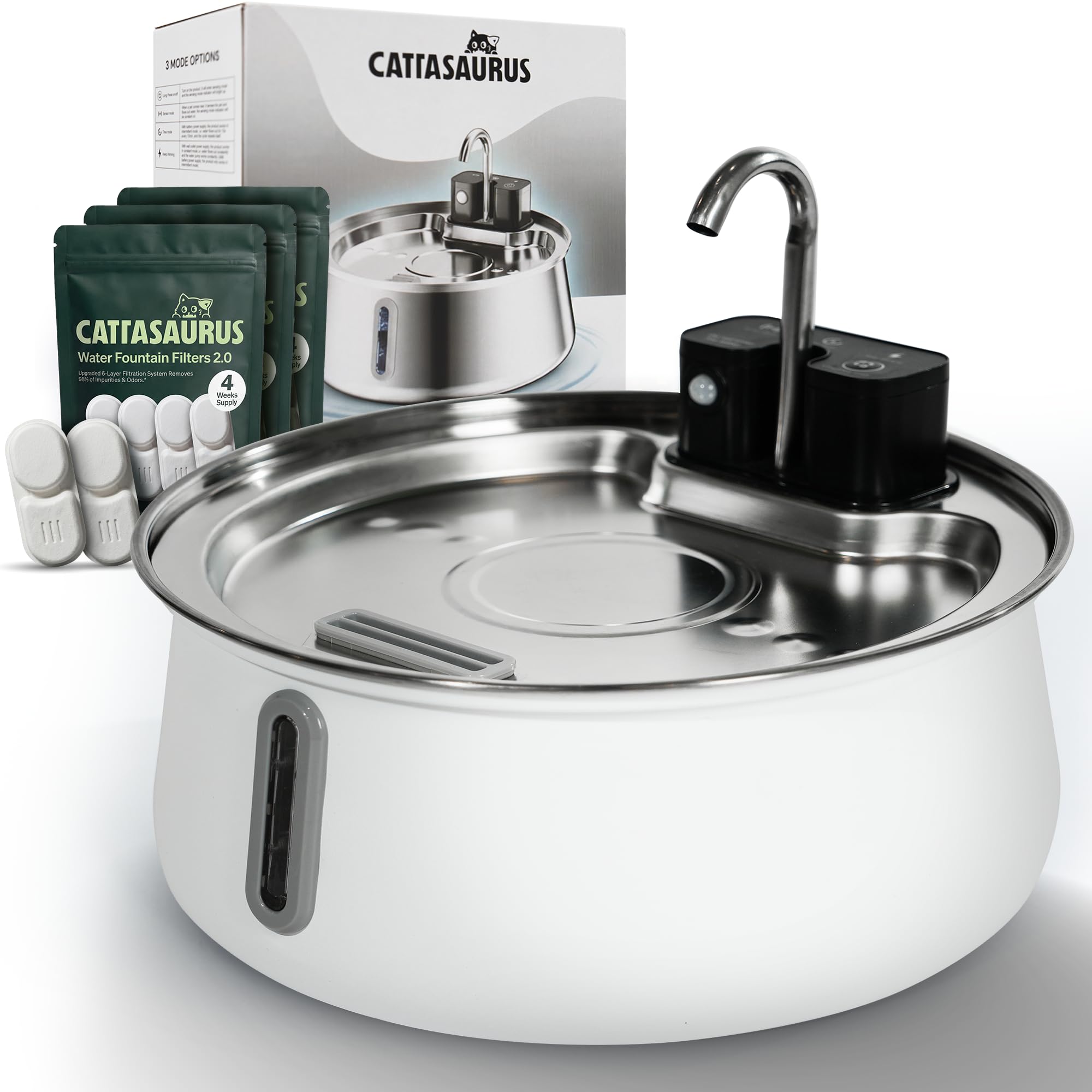 Cattasaurus Wireless 304 Stainless Steel Cat Water Fountain with Filtration, Automatic Water Dispenser for Cats, 135oz Large Capacity, Dishwasher Safe (White, Fountain + 14 Filters (3-Month Supply))