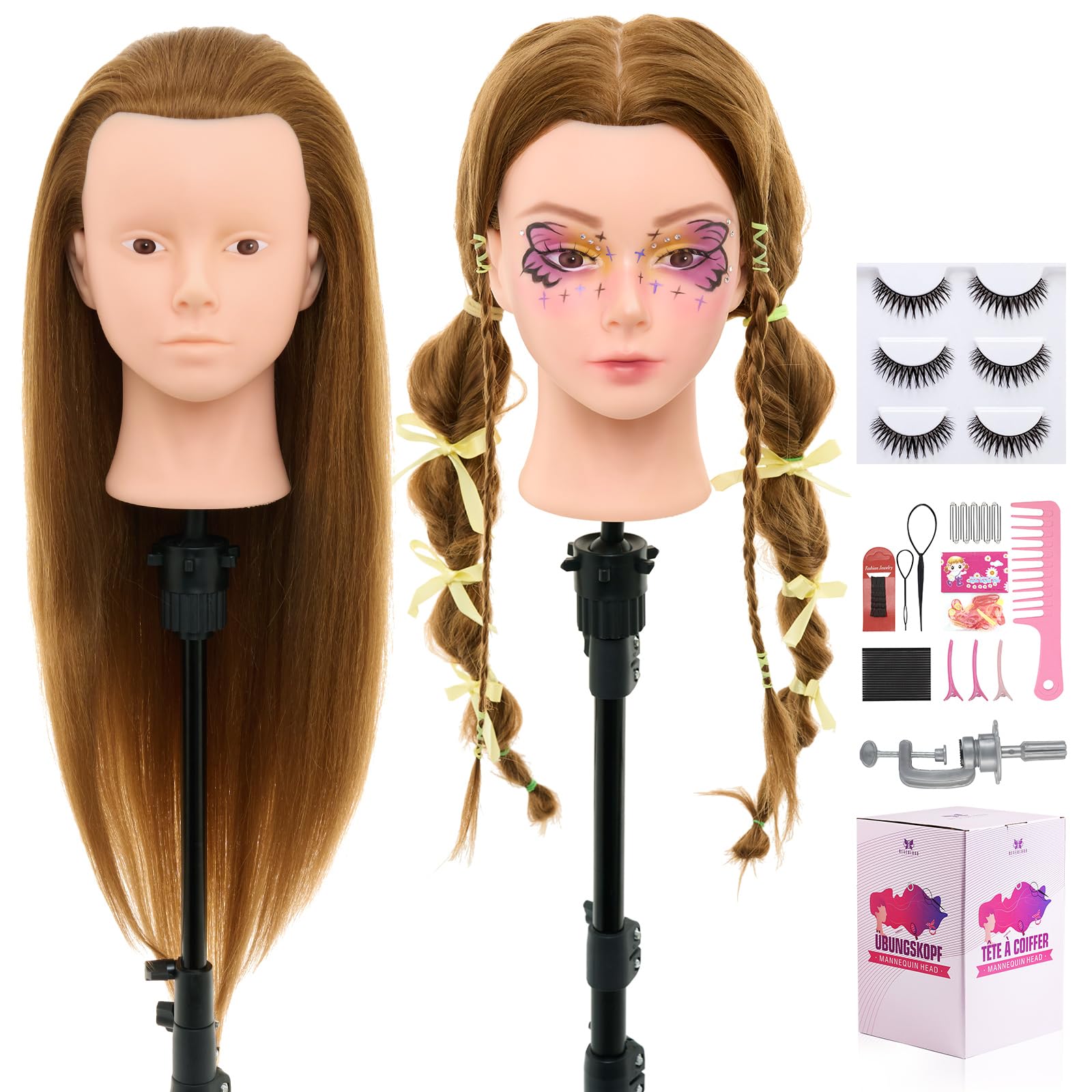 28Inch Mannequin Head with 80% Real Human Hair- Cosmetology Mannequin Head with Hair for Makeup Braiding Curling Cuting, Make up Doll head for Styling