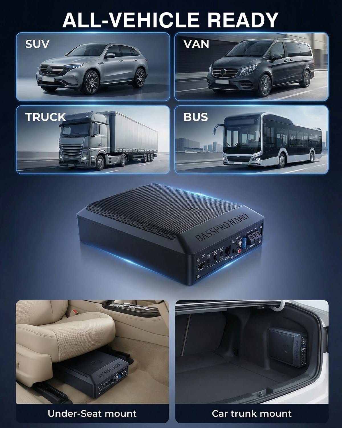 Ultraflacher Auto-Subwoofer, Adecuado para sedanes/Camiones, con Amplificador Integrado, montable bajo los Asientos, Potencia máxima de 600 W, subwoofer Compacto