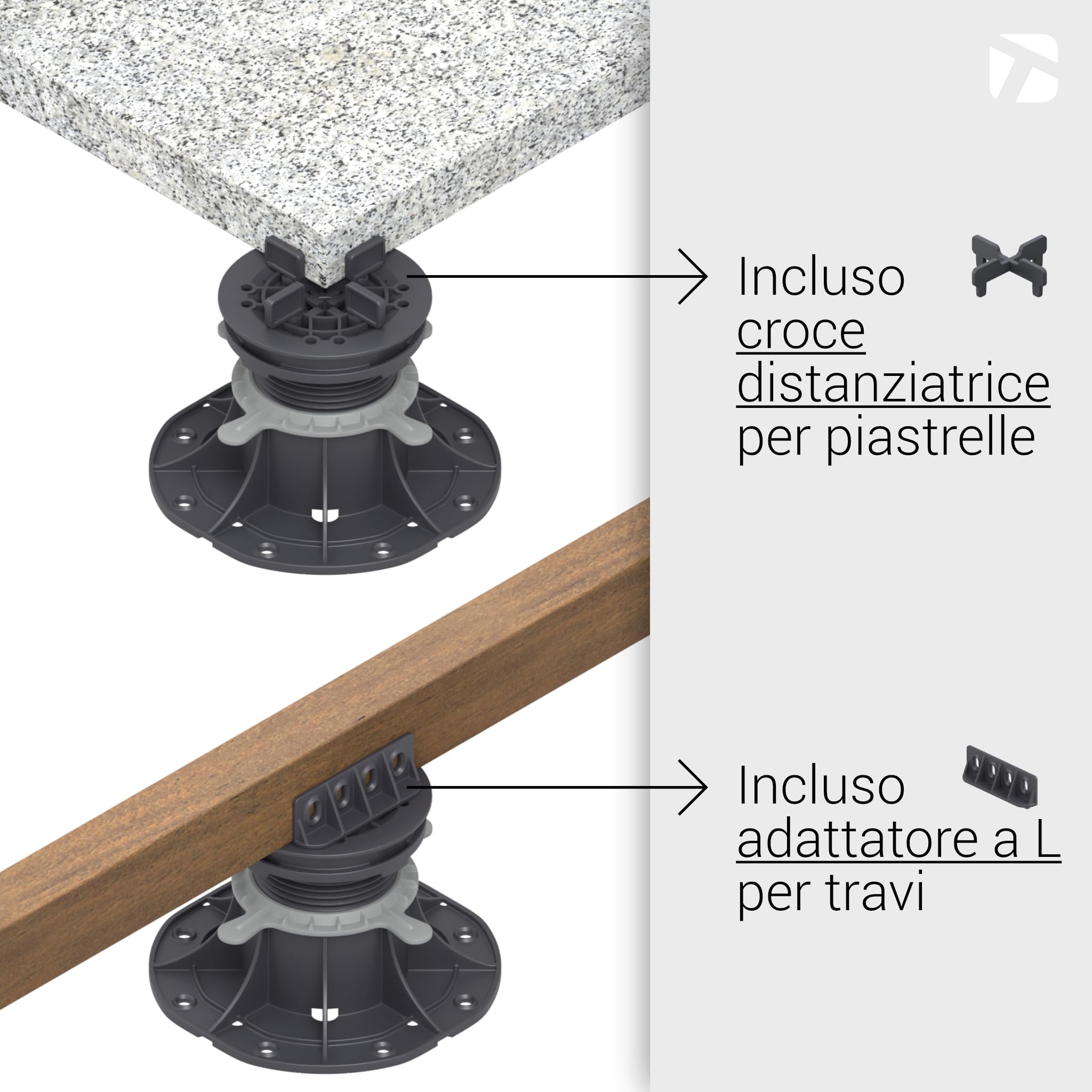 Base Regolabile Per Decking Legno E WPC - Taglia M 35-65mm - Confezione Da 20 Pezzi