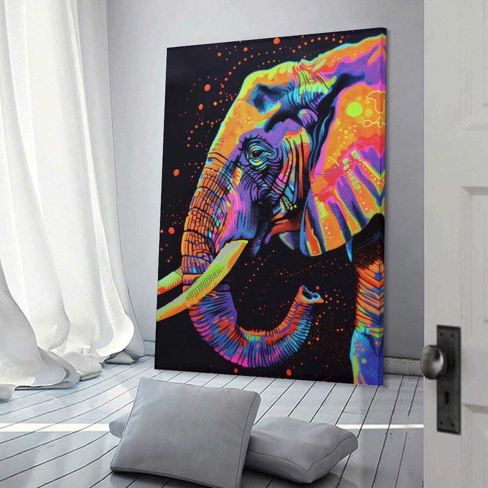 Junmoney Frame-Style-4 Neon Elephant Art Canvas Wall Art 12X18inch(30X45cm), For Workspace Walls, Study Corners Or Bedrooms, Wall Art That Adds Style To Work Areas