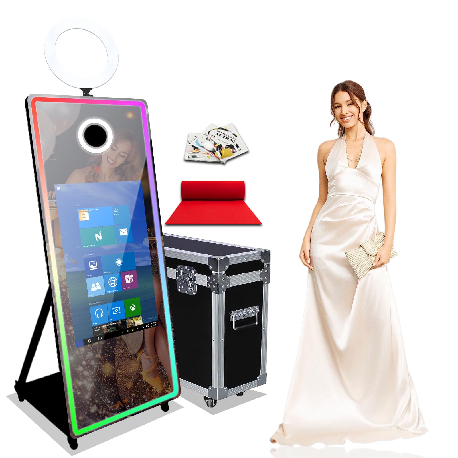 65in Magic Mirror Photo Booth with 32in Touch Screen,Mirror Photobooth for Birthdays Weddings Events Holiday Party,APP/Remote Control RGB Lighting,with Flight Case（Black,Machine）
