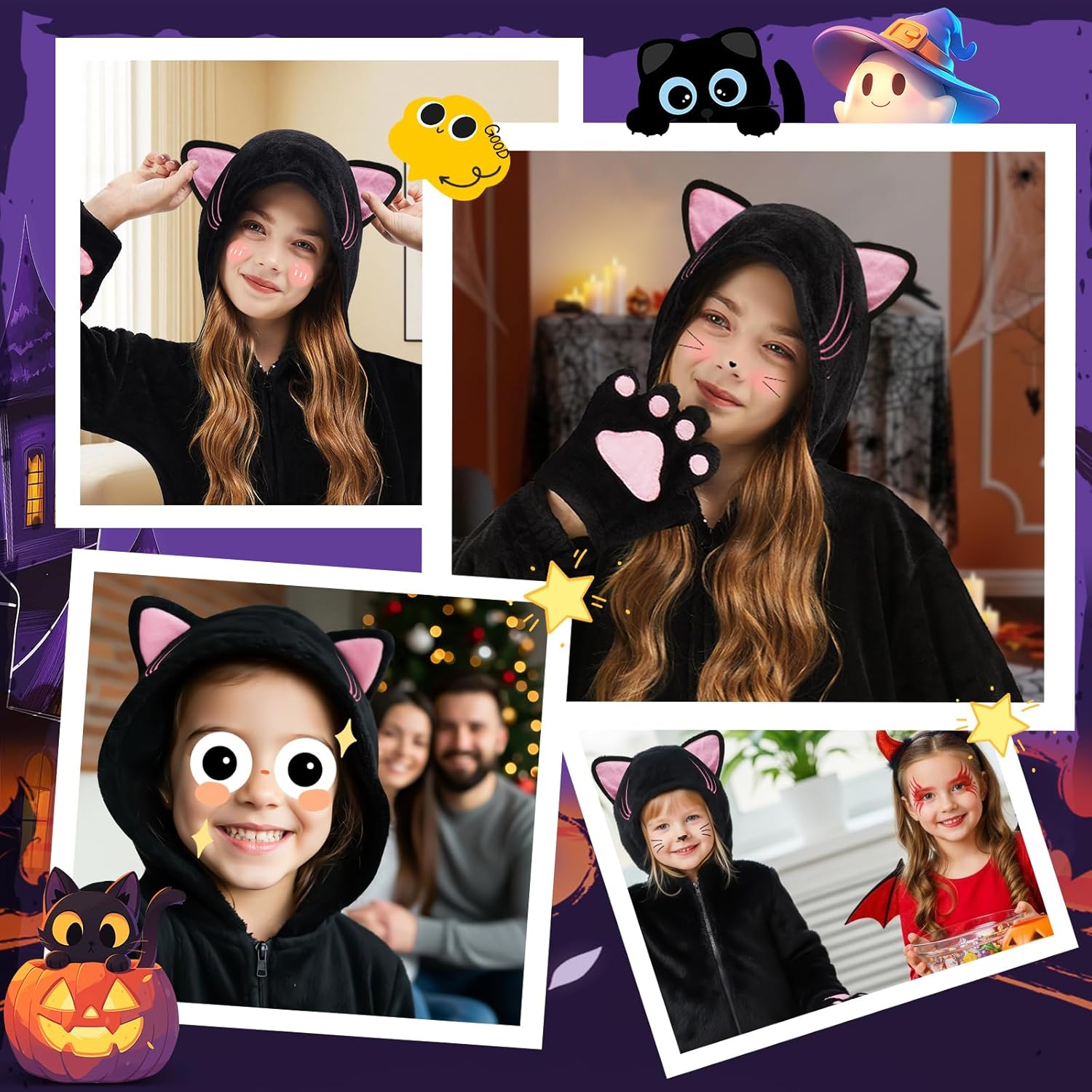 GKTZ Cat Costume for Girls - Halloween Costumes for Kids Black Cat Animal Onesie Costume - Image 6