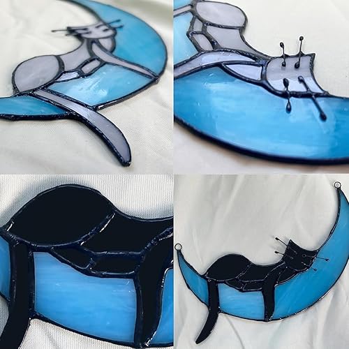 Miniatura 3 de Colgantes de vidrieras de gato dormido en la luna, decoración de gato en luna, regalos conmemorativos de gato, atrapasoles hechos a mano, decoración
