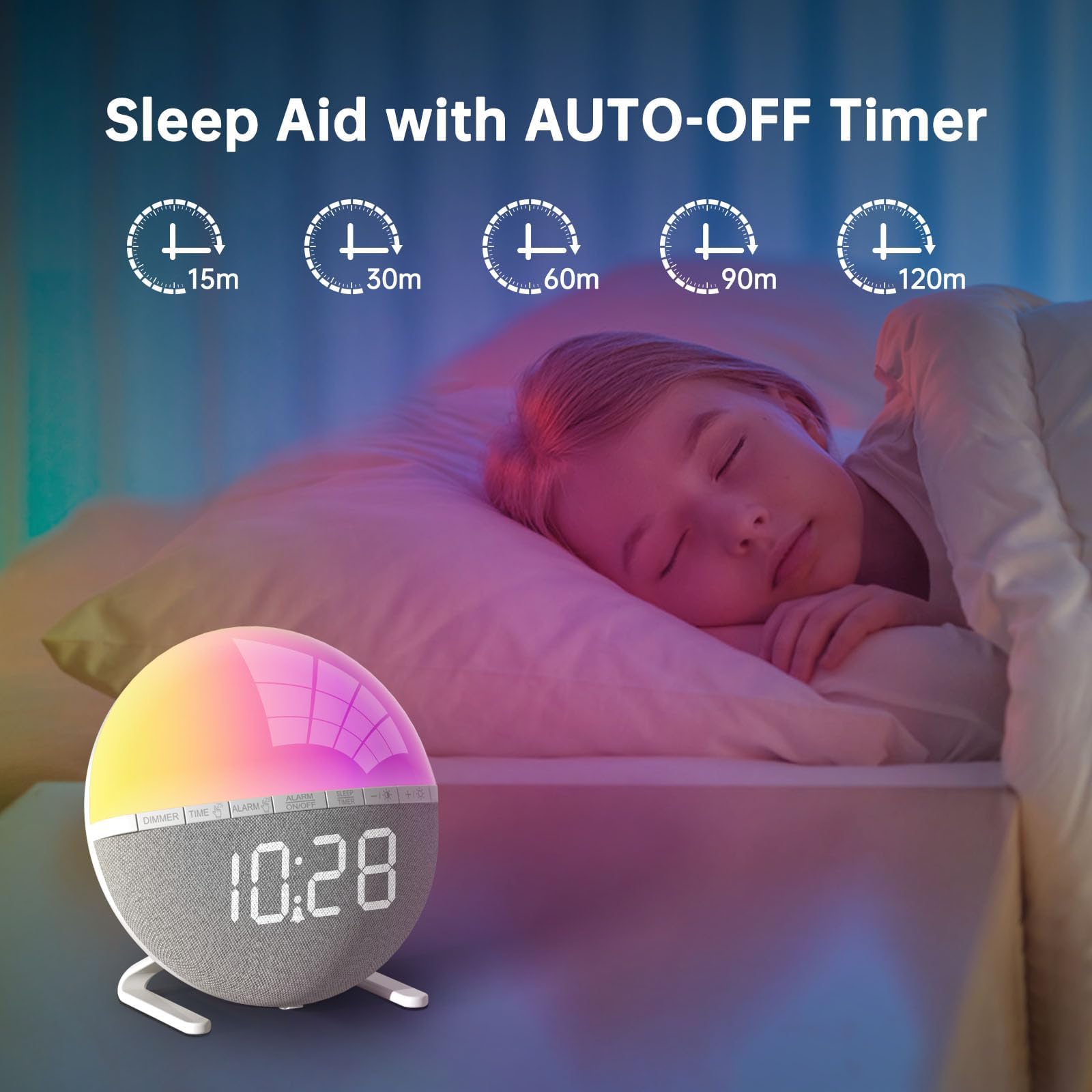 Réveil Lumineux avec Simulation du Lever du Soleil, Lampe de Réveil avec Snooze, 7 Sonneries, Veilleuse 9 Couleurs