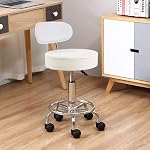 KKTONER PU Tabouret en cuir Rolling Mid-Back avec repose-pieds Hauteur Ajustable Ordinateur de bureau Accueil Rédaction Chaise de travail pivotante avec roues (Blanc)