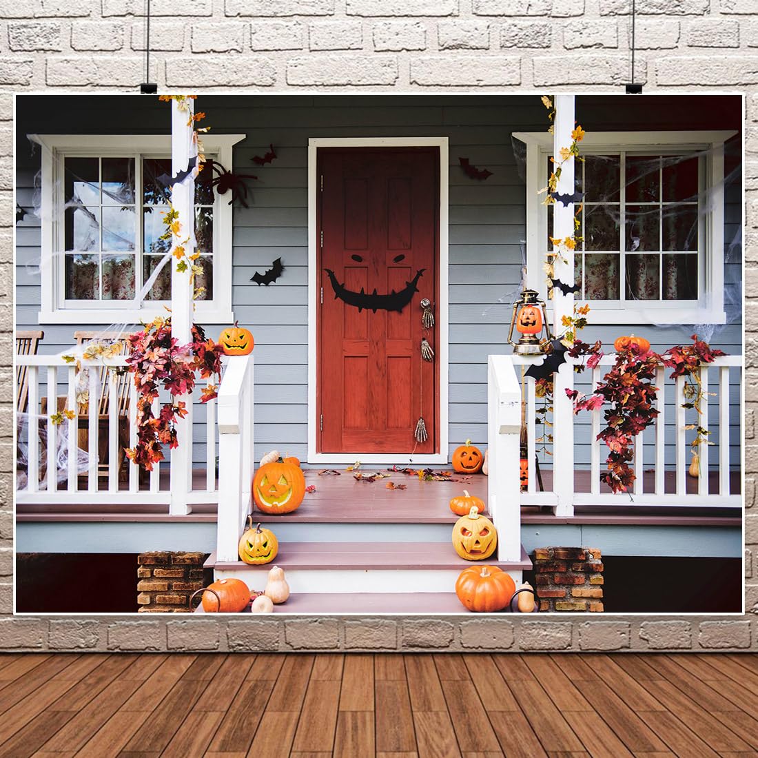Photo 1 of Halloween Wood Door Backdrops Pumpkin Heads Bats Photography Background Halloween Family Holiday Party Backdrop Decoration Banner Indoor Outdoor Halloween Decorations 7x5Ft 7x5Ft S2