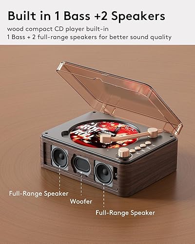 Miniatura 2 de Reproductor de CD con altavoces, Bluetooth, nostálgico, retro, reproductores de CD portátiles para el hogar, reproductor de música de madera, radio