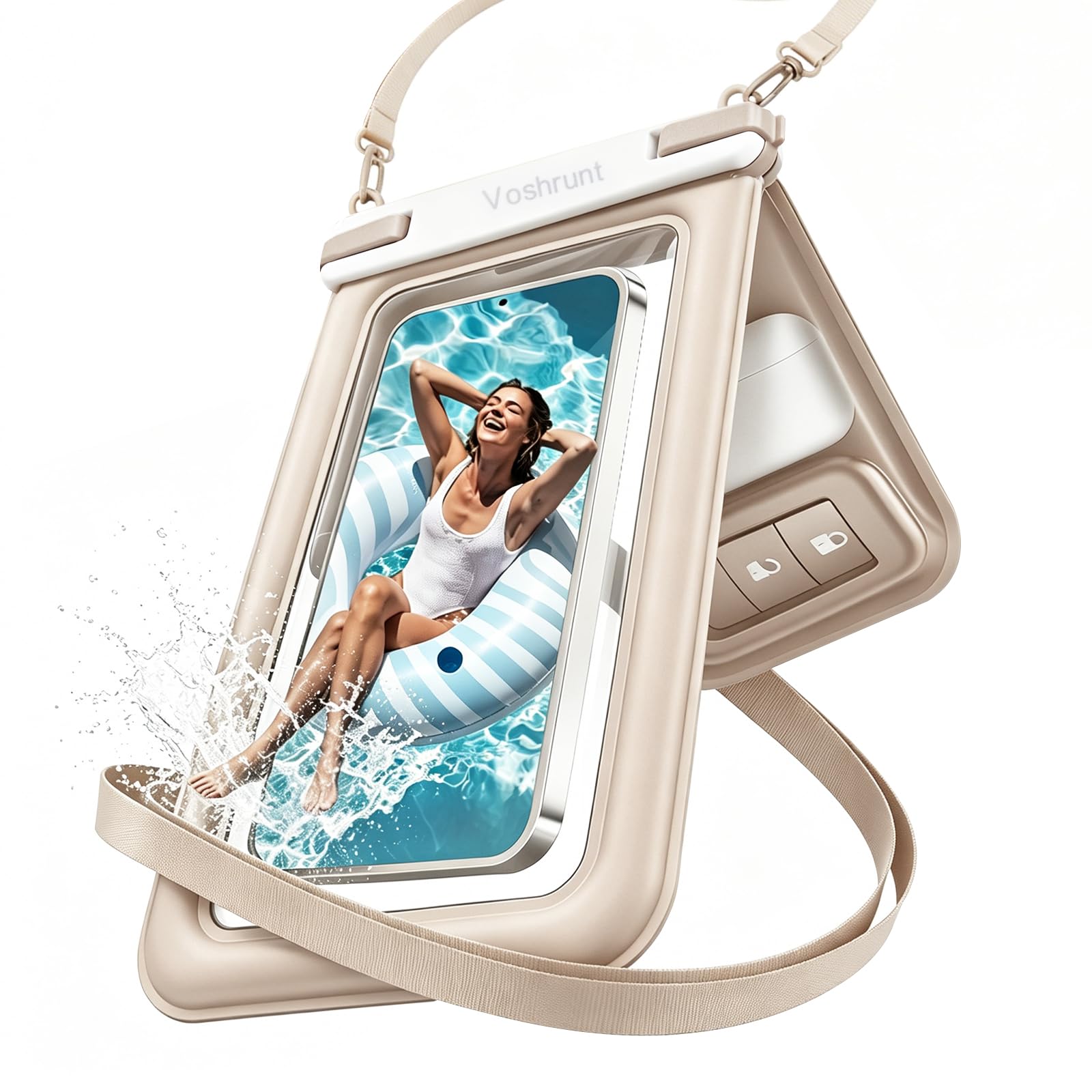 【2026年最新エアーで水に浮くダブルポケットのスマホ防水ケース】 スマホポーチ IPX8 完全防水 SGS認証 携帯防水ケース カバー バッグ 雨 小物 収納 水中タッチ対応 パック プール ぼうすい 撮影 顔認証 通話 アイホン 両手解放 ストラップ付き 首かけ お風呂 海水浴 水泳 潜水 温泉 ベージュ