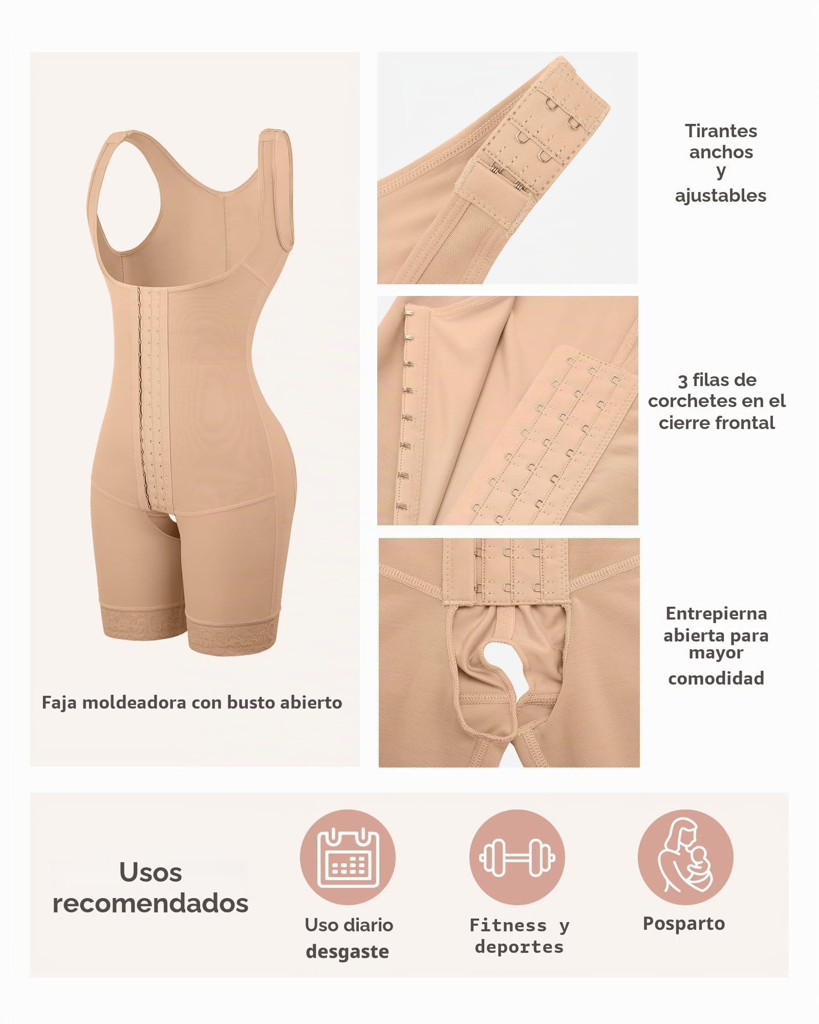 FeelinGirl Fajas Reductoras Mujer Fajas Abdomen Chaleco Corsé Abdominal Pantalones Moldeadores Cierre de Ganchos de 3 Filas con Tirantes Anchos Ajustables