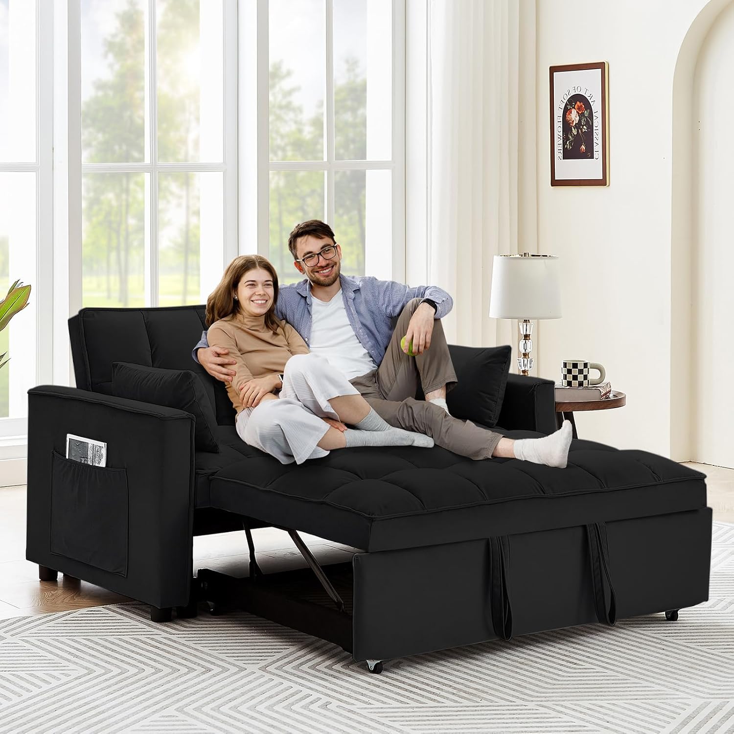 3 in 1 Convertible Sleeper Sofa Bed, 55" Pull Out Couches, Modern Loveseat Sleeper Sofa with Adjustable Reclining Backrest & Side Pockets for Living Room, Velvet Fabric, Classic Black