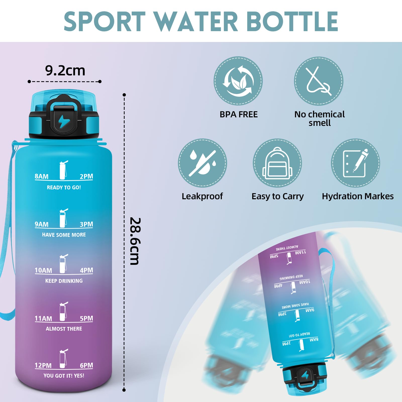 Motswedi Borraccia 1,5l, Borraccia Motivazionale, a Prova di Perdite, Bottiglia Palestra, Con marca temporale, Bottiglia Acqua per Sport, Università, Ufficio, Bicicletta - Blu&viola
