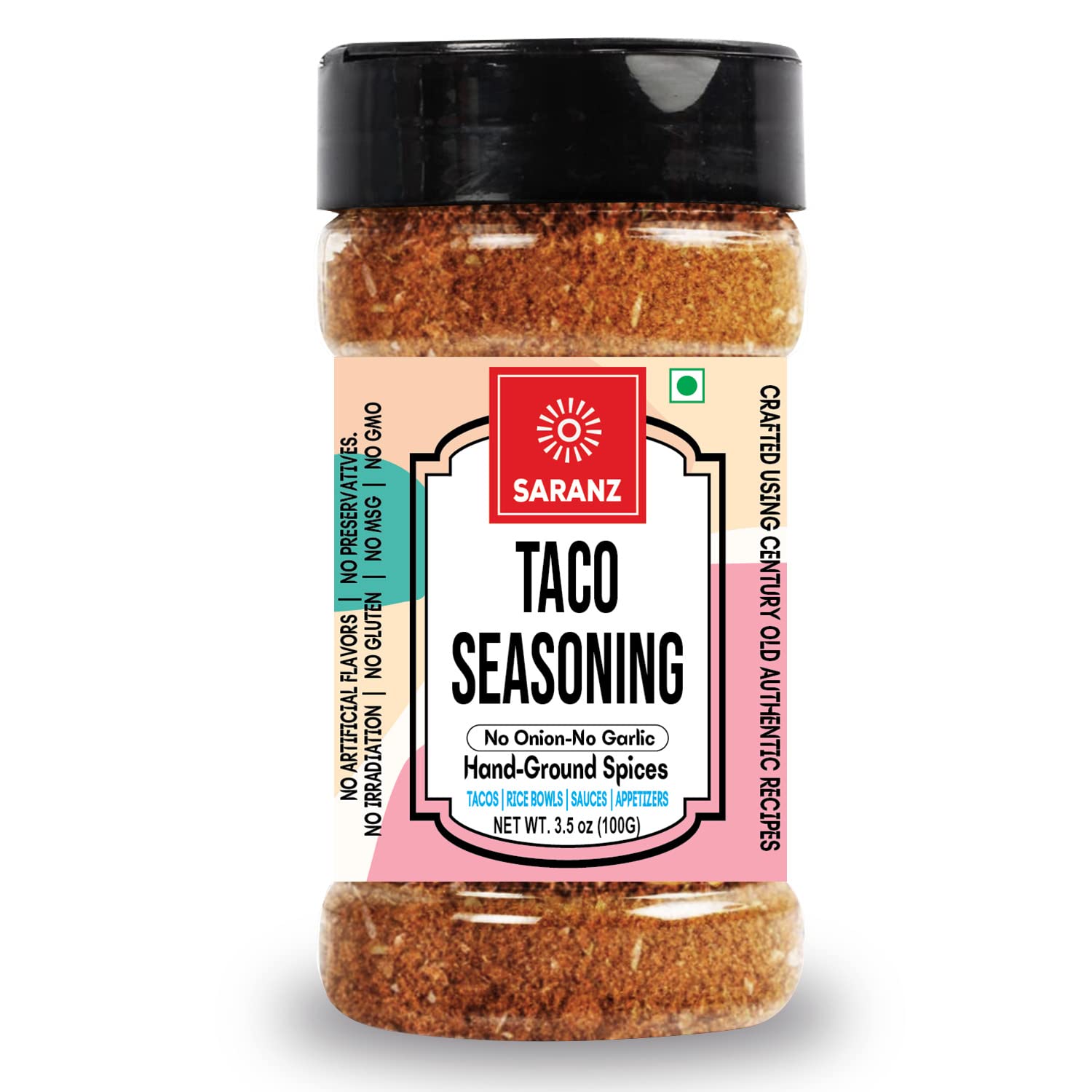 SARANZ Taco Mix Jain Exotic Jain Seasoning Perfect for Snacks, Appetizers, Savouries, Entrees, Main Dishes Aromatic and Flavoured Vegan, Dairy Free and Gluten Free Seasonings-100 Grams Sprinkler Jar (B09Z2698CR) Amazon Price History, Amazon Price Tracker