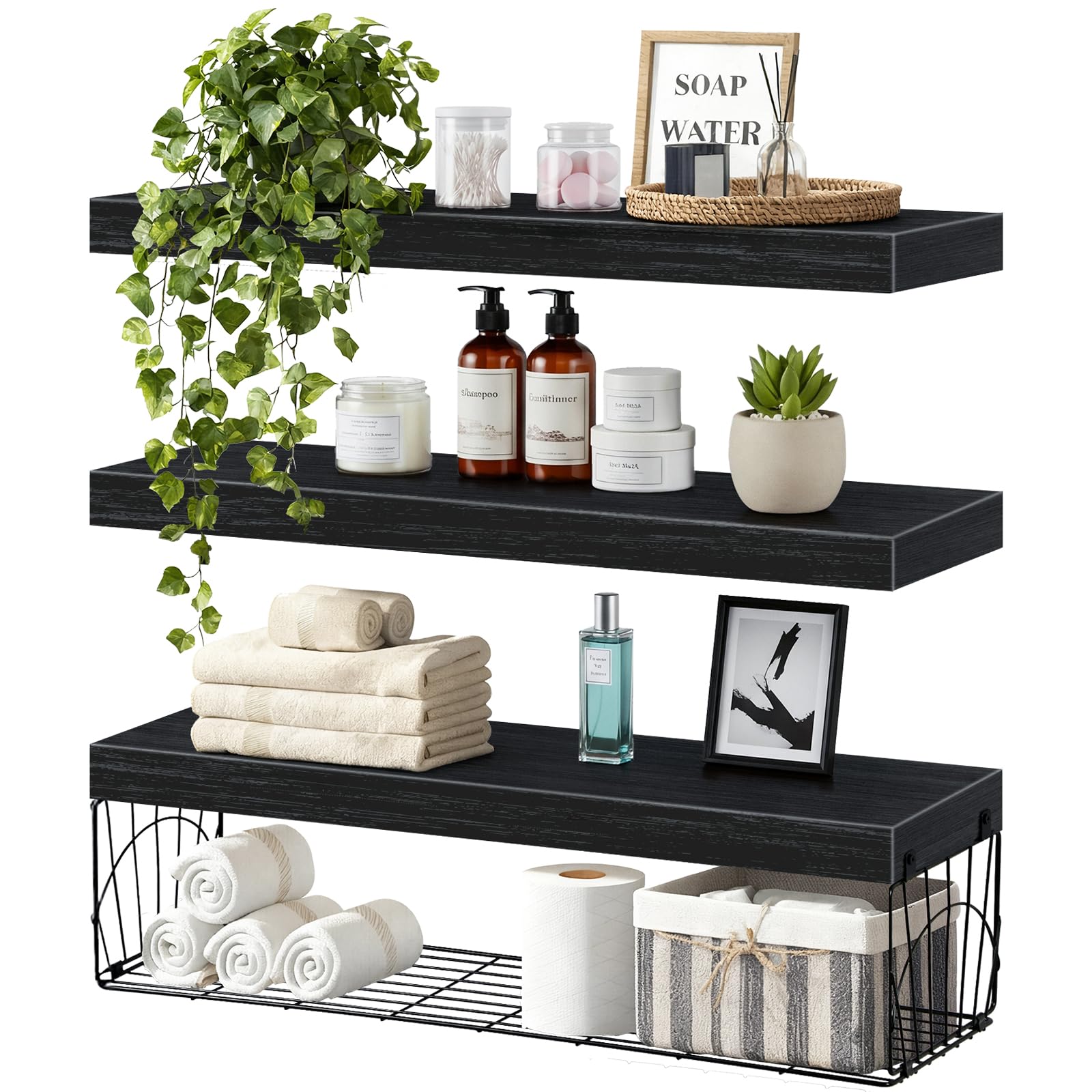 PRETYZOOM 2-Pack Floating Wall Shelves – Metal Storage Rack For Bathroom, Kitchen, Toilet, Black, No-Drill Design, Easy Install, Space Aluminum