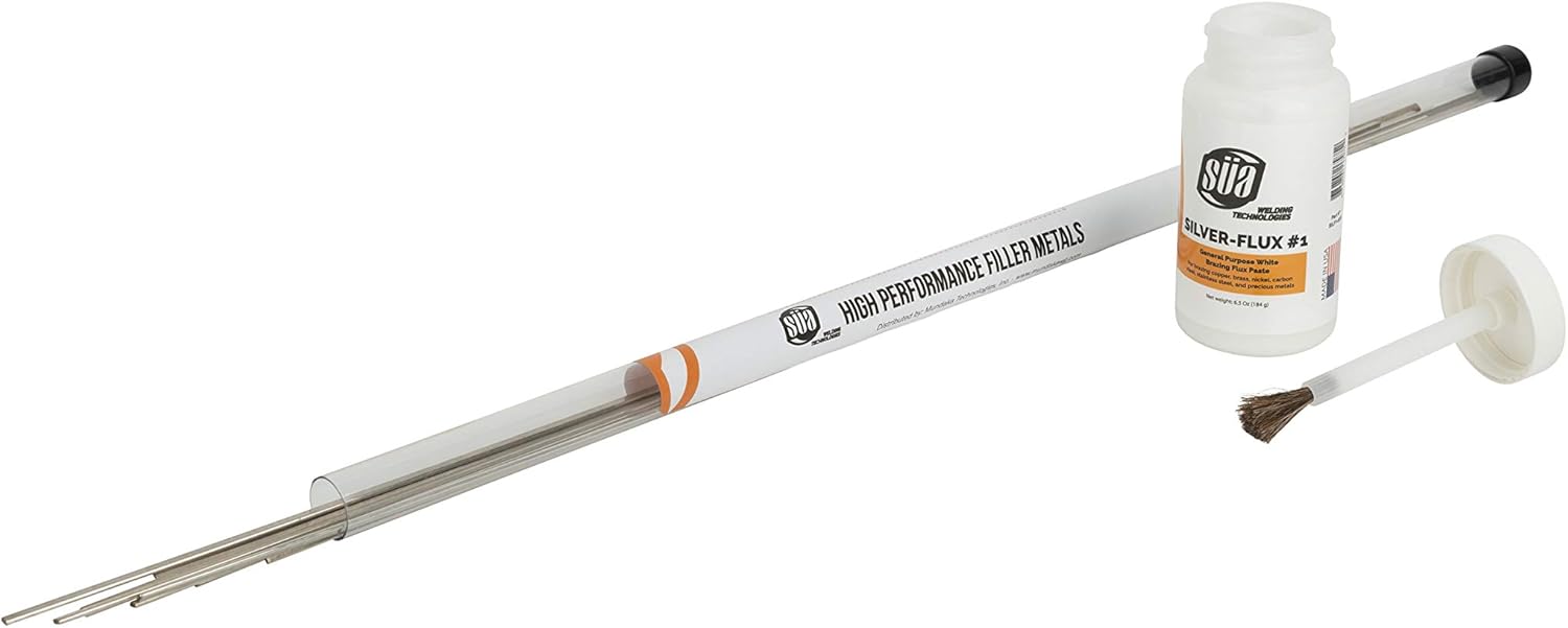 SÜA - BCuP-3 Silver PhosCopper Brazing Rod - 5% Silver - Flat - 1/8" x 0.05" x 20" (9 Sticks) + 6.5 Oz Flux