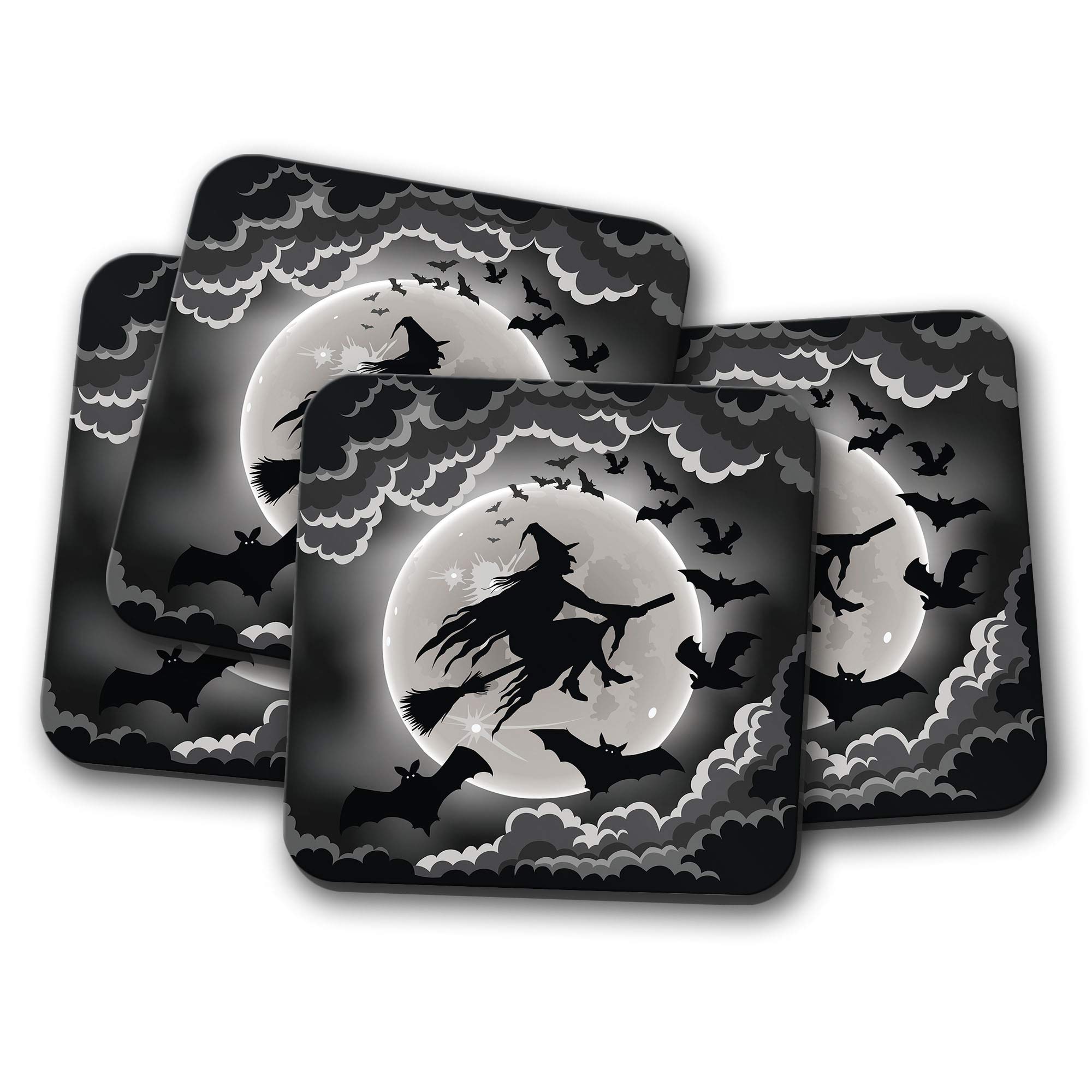 4 Set - Spooky Witch Coaster - Halloween Full Moon Bats Broom Stick #14408