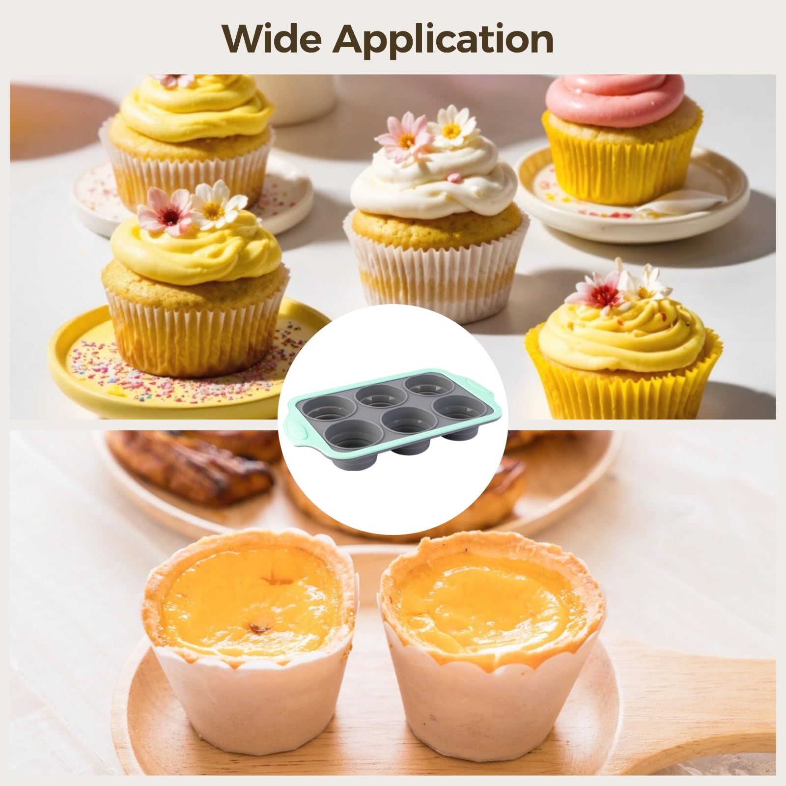 Lot de 2 moules à muffins en silicone, 6 cavités, avec cadre en métal, 28,9 x 17 x 4,1 cm, moule à cupcakes pour muffins, gâteaux, pain, gris vert, adapté au contact alimentaire