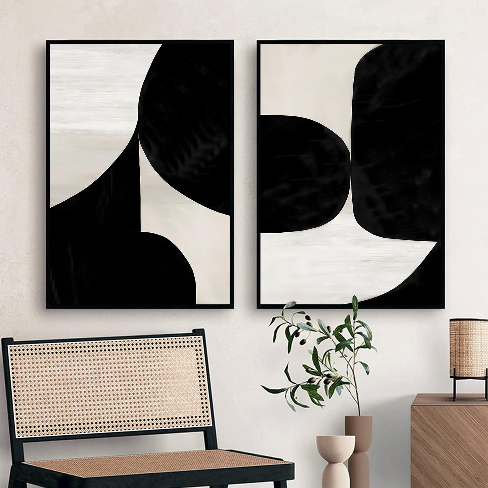 Black And Beige Abstract Canvas Wall Art Geometric Minimalist Abstract Beige Painting Mid Century Modern Prints Abstract Geometric Artwork Wall Poster Black And Beige Pictures 16x24inchx2 No Frame
