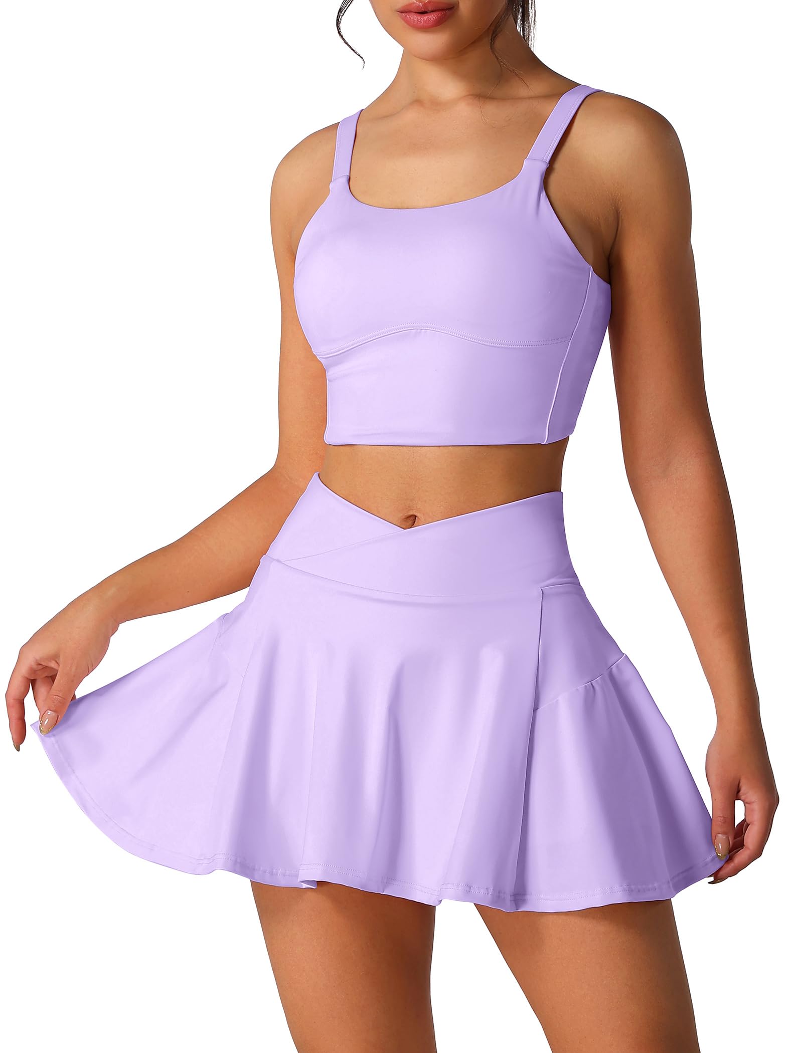 ABEHIK Two Piece Tennis Skirt Sets for Women High Waisted Pleated Skirt Tennis Dress Sports Bra Golf Athletic Workout Outfits