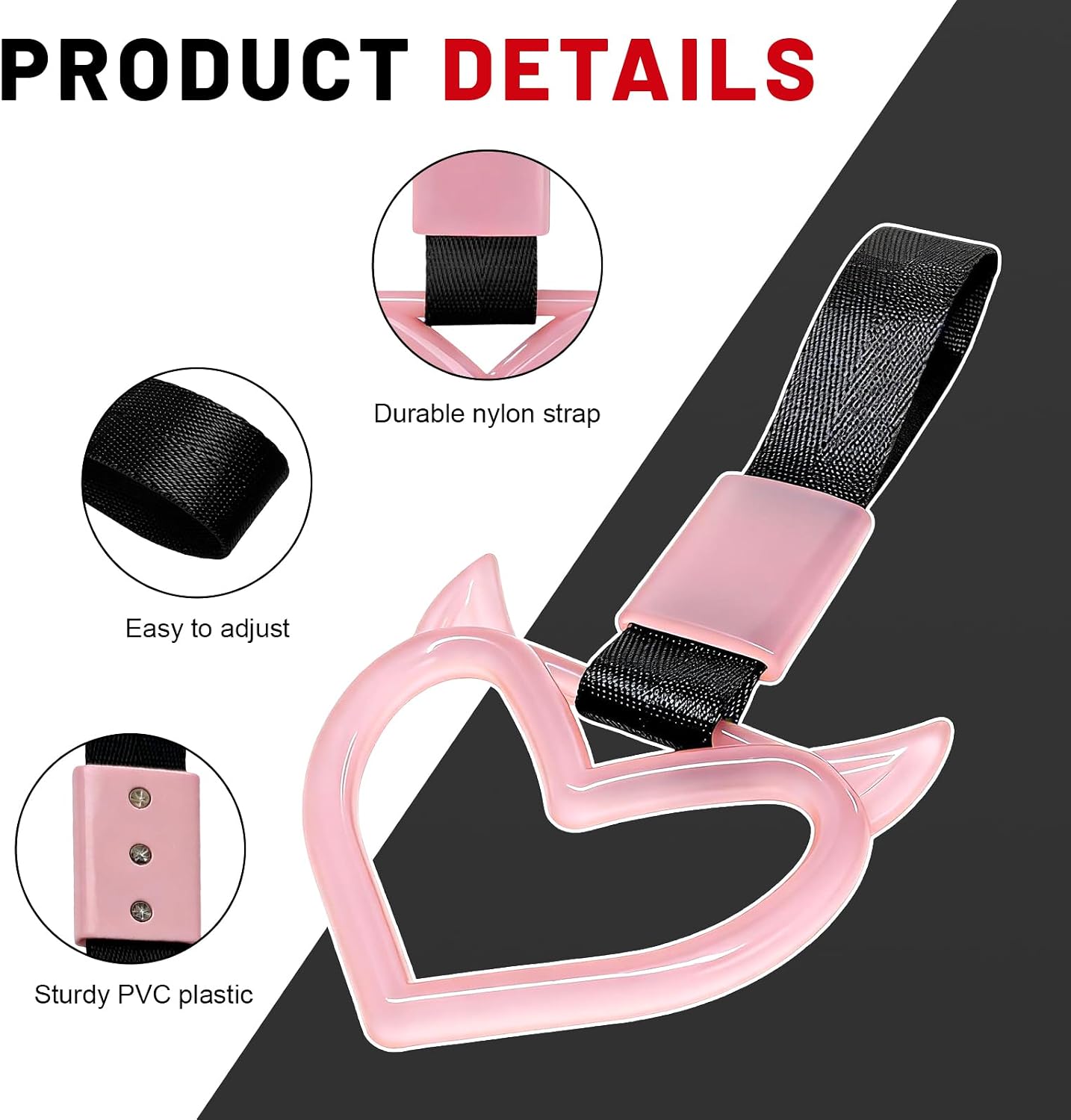 Car Heart Handle Keychain, Cute Devil Heart Hang Ring, Love-Shaped Rear Bumper Warning Loop Strap Drift Charm (Pink) image 3