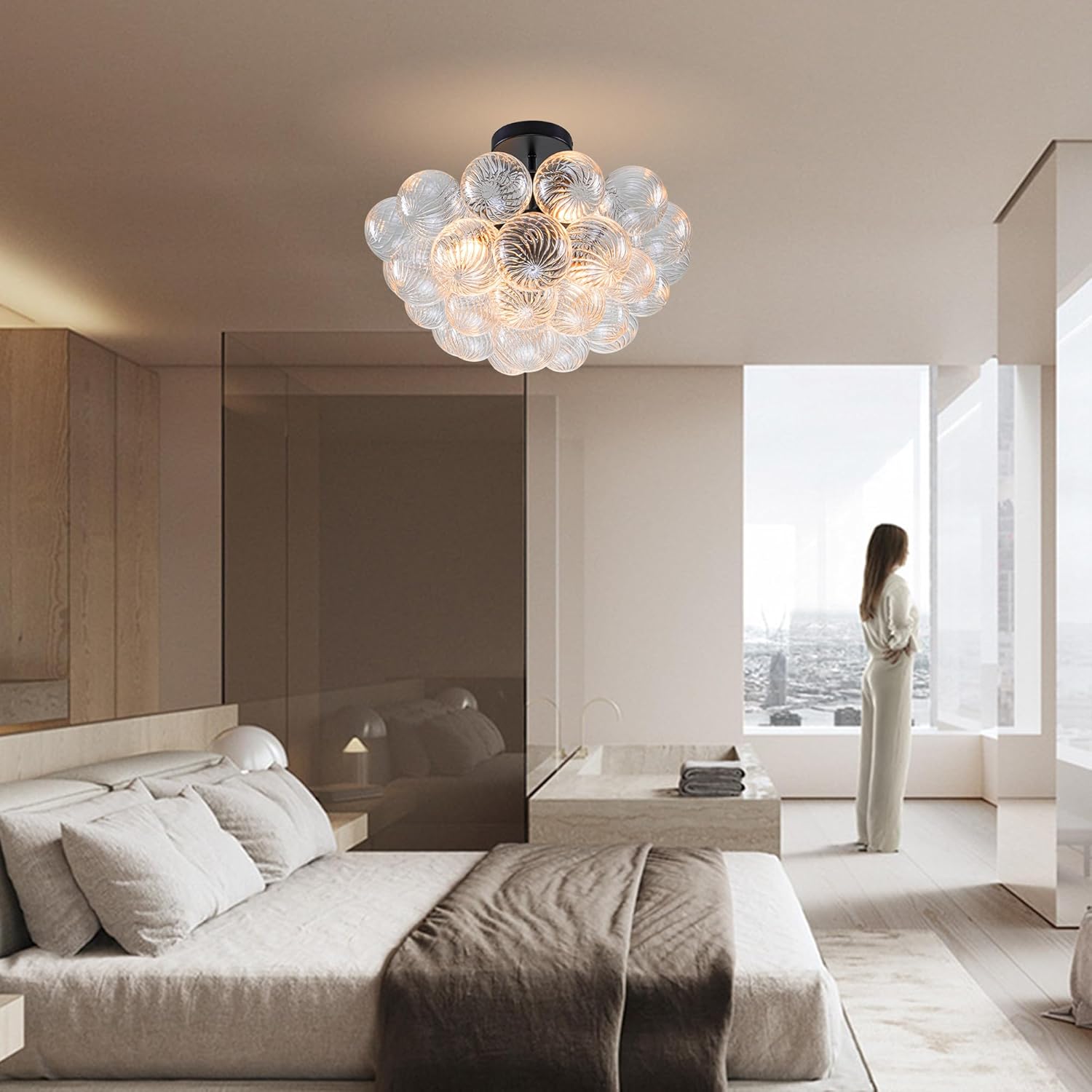 Longree Bubble Ball Glass Chandelier Black Finish and Clear Ribbed Blown Glass Chandeliers Semi Flush Mount Ceiling Light Fixture 20" Dia for Bedside Dining Table Entry