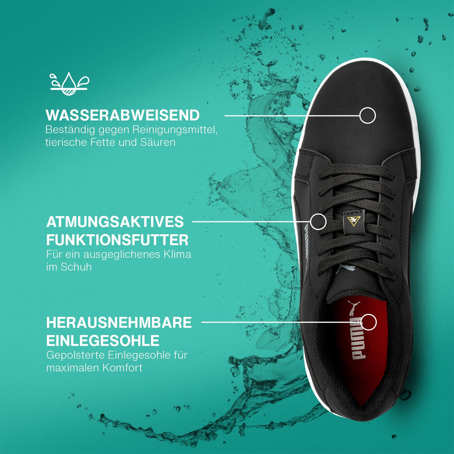 PUMA Safety STELLAR ST BLK Low O2 Chaussures de travail antidérapantes sans embout en acier, sans métal, imperméables, comme chaussures de cuisine et baskets de travail