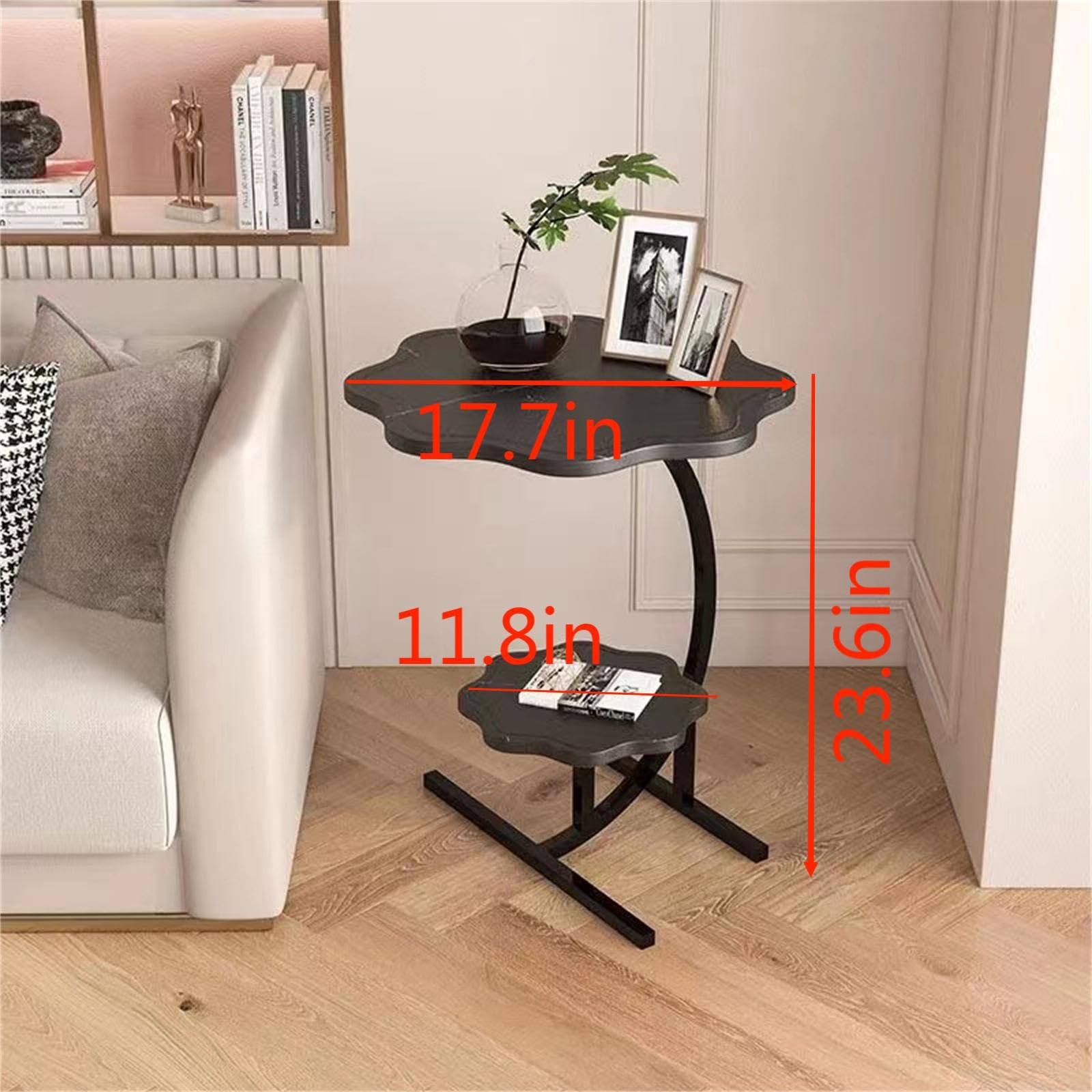 LITAITAI 2 Layers Flower Shape Marble Texture Small C-Shaped Side Table,Snack Side Table, End Table for Sofa Side Table,Bedside Table for Living Room Kitchen Garden Bedroom