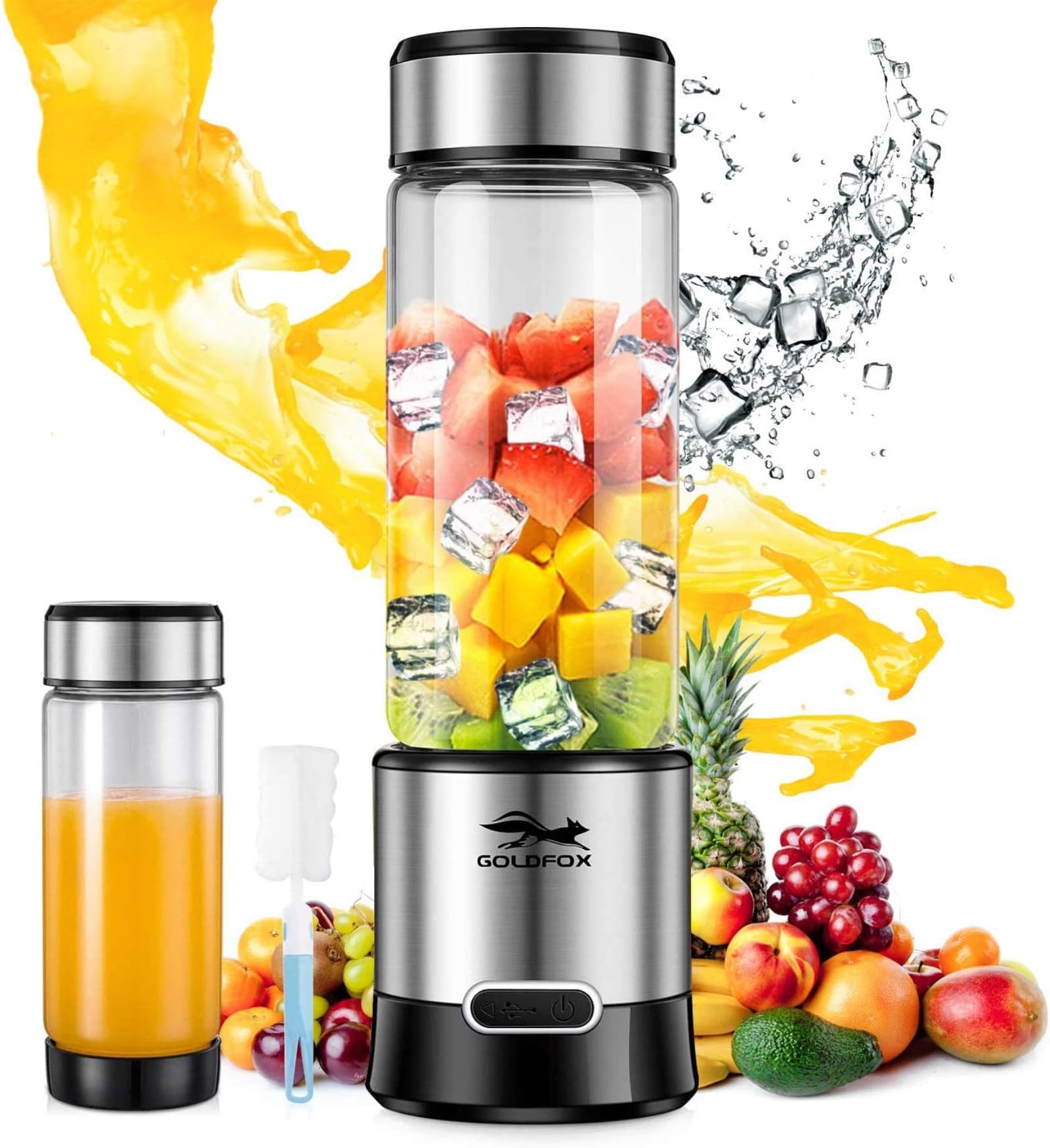 GOLDFOX Portable Blender, USB Rechargeable Personal Blender for Shakes and Smoothies, 15oz Detachable Portable Juicer Cup Small Fruit Juice Mixer for Travel, Gym, Office, etc. (with Brush)