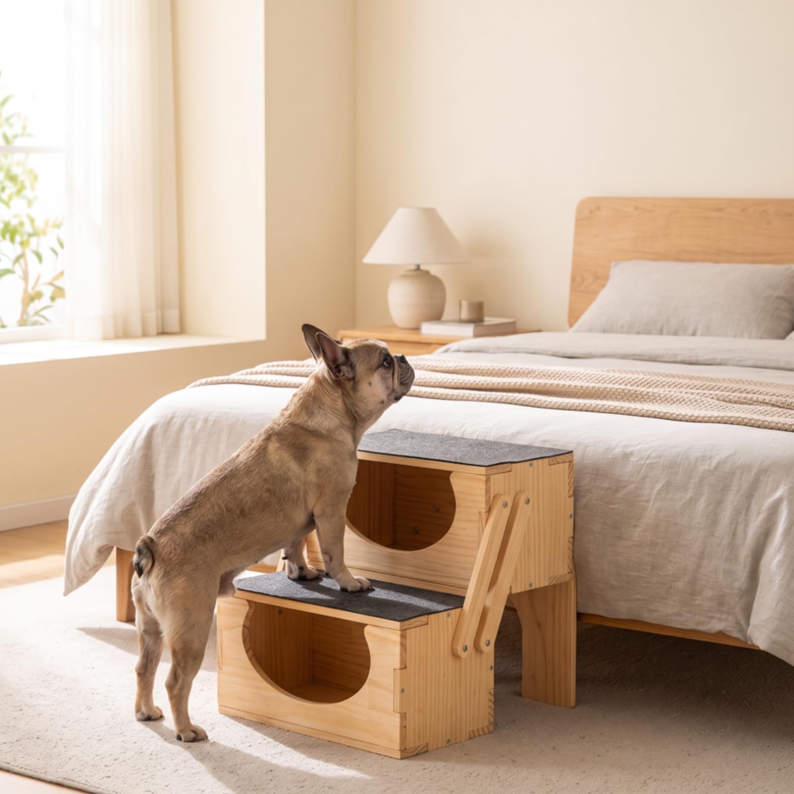 Baoblaze Scaletta per Cani Gradini Rampe in Legno Massello Pieghevole con Superficie Antiscivolo E Ta Laterali Semicircolari per Stabilità E Presa Sicura, Due Gradini
