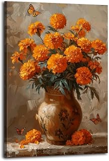 Marigold Wall Art Monarch Butterfly Canvas Print Día De Los Muertos Altar Decor Mexican Folk Art Autumn Fall Floral Print 20x30inch(50x75cm) Frame-style